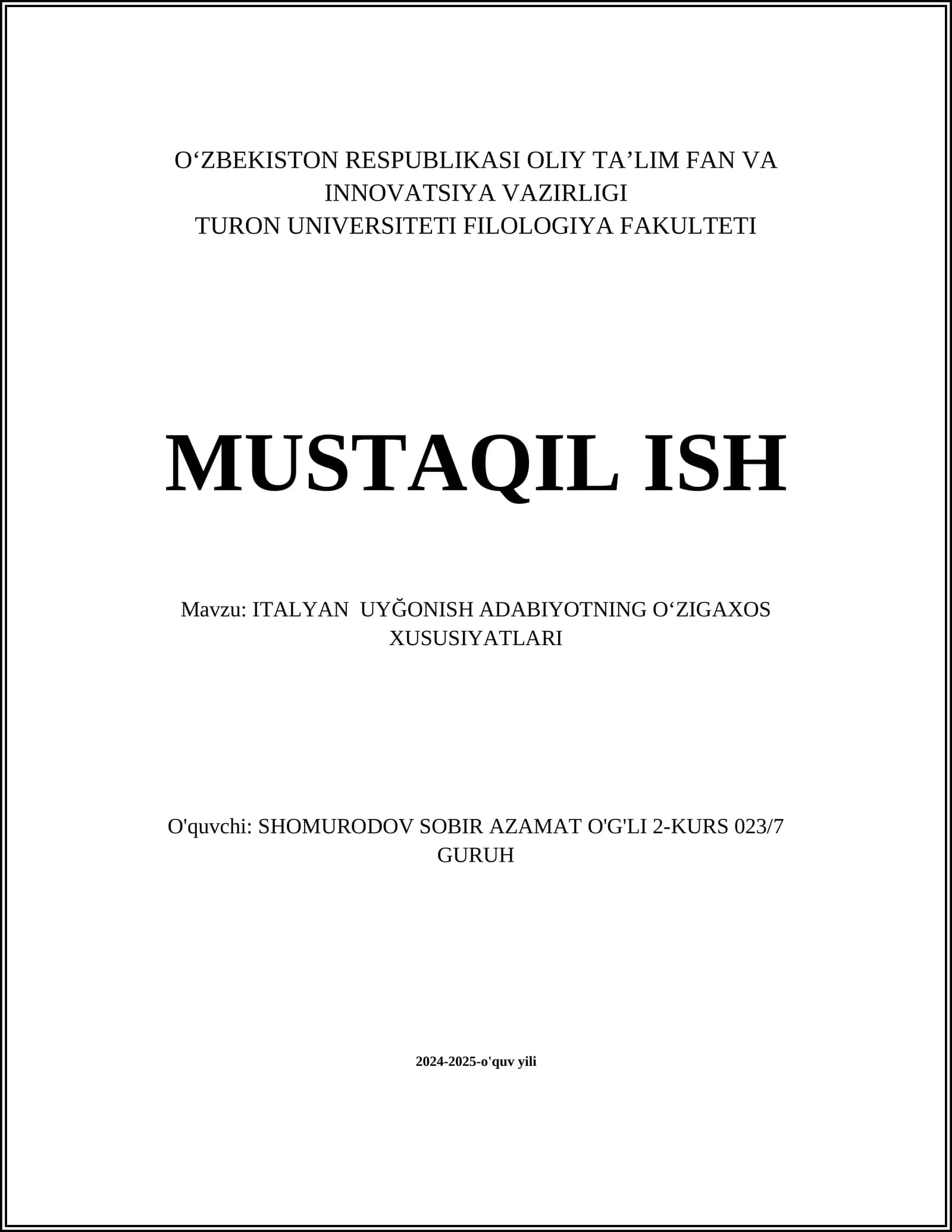ITALYAN UYĞONISH ADABIYOTNING OʻZIGAXOS XUSUSIYATLARI