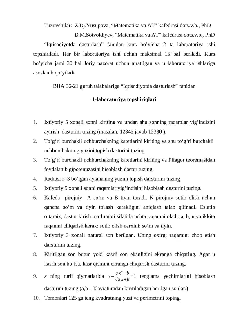 "Iqtisodiyotda dasturlash" kursi
