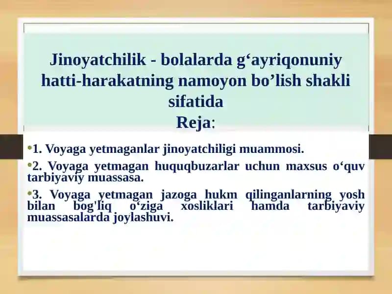 Jinoyatchilik - bolalarda g‘ayriqonuniy hatti-harakatning namoyon bo’lish shakli sifatida