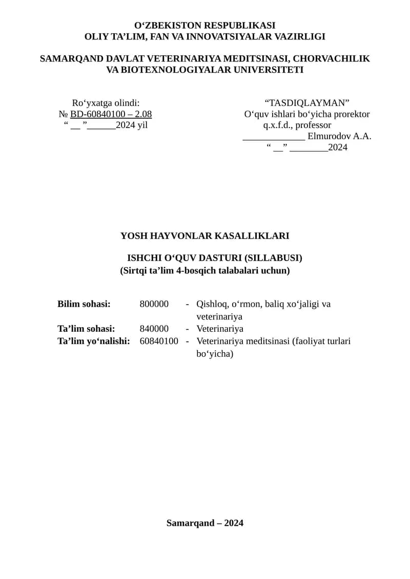 YOSH HAYVONLAR KASALLIKLARI ISHCHI OʻQUV DASTURI (SILLABUSI)