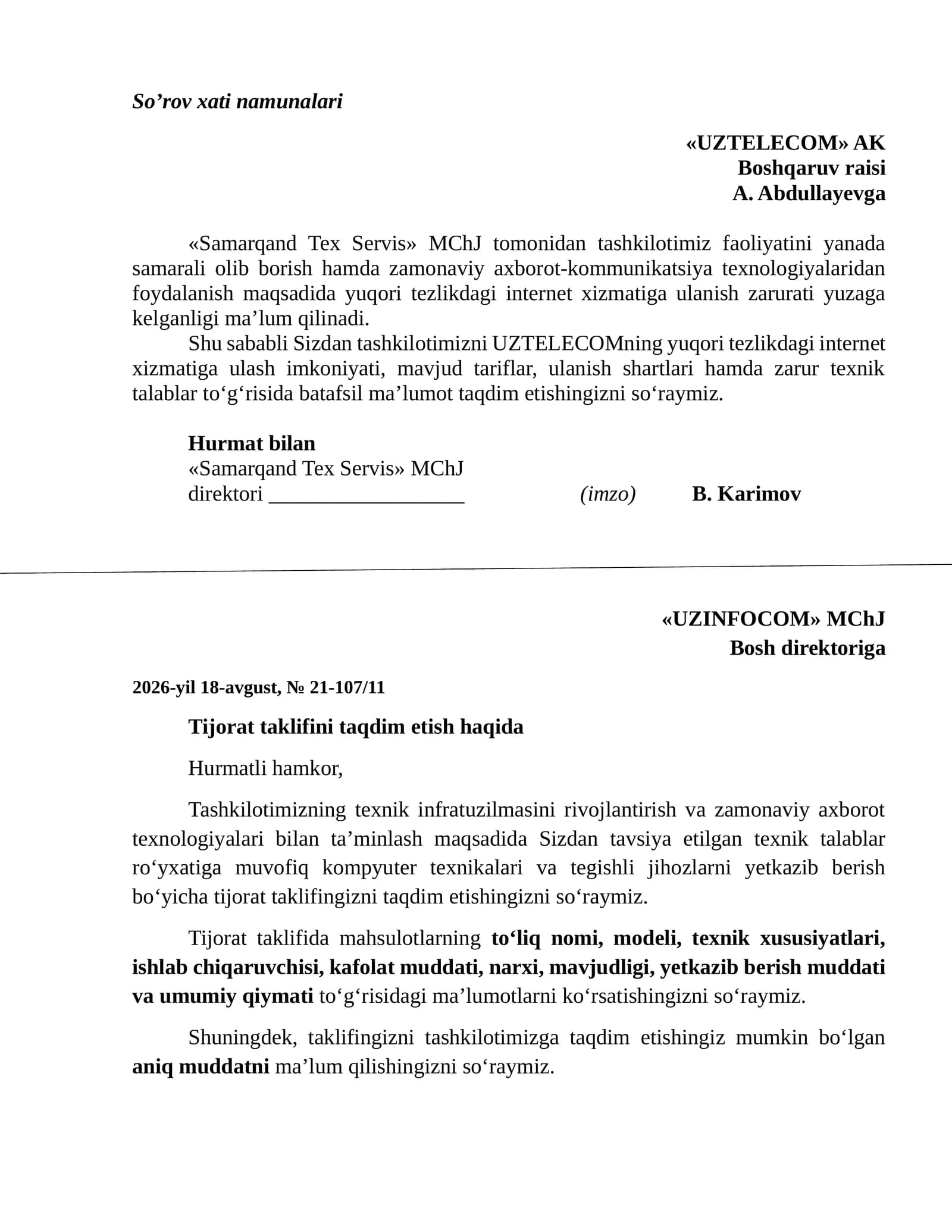 Tijorat taklifi namunalari
