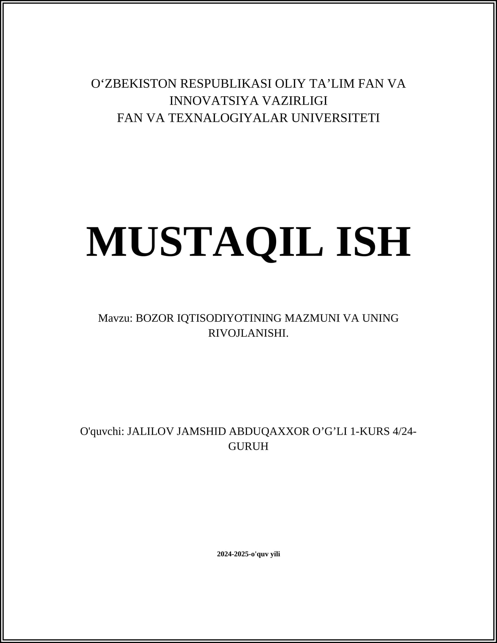 BOZOR IQTISODIYOTINING MAZMUNI VA UNING RIVOJLANISHI