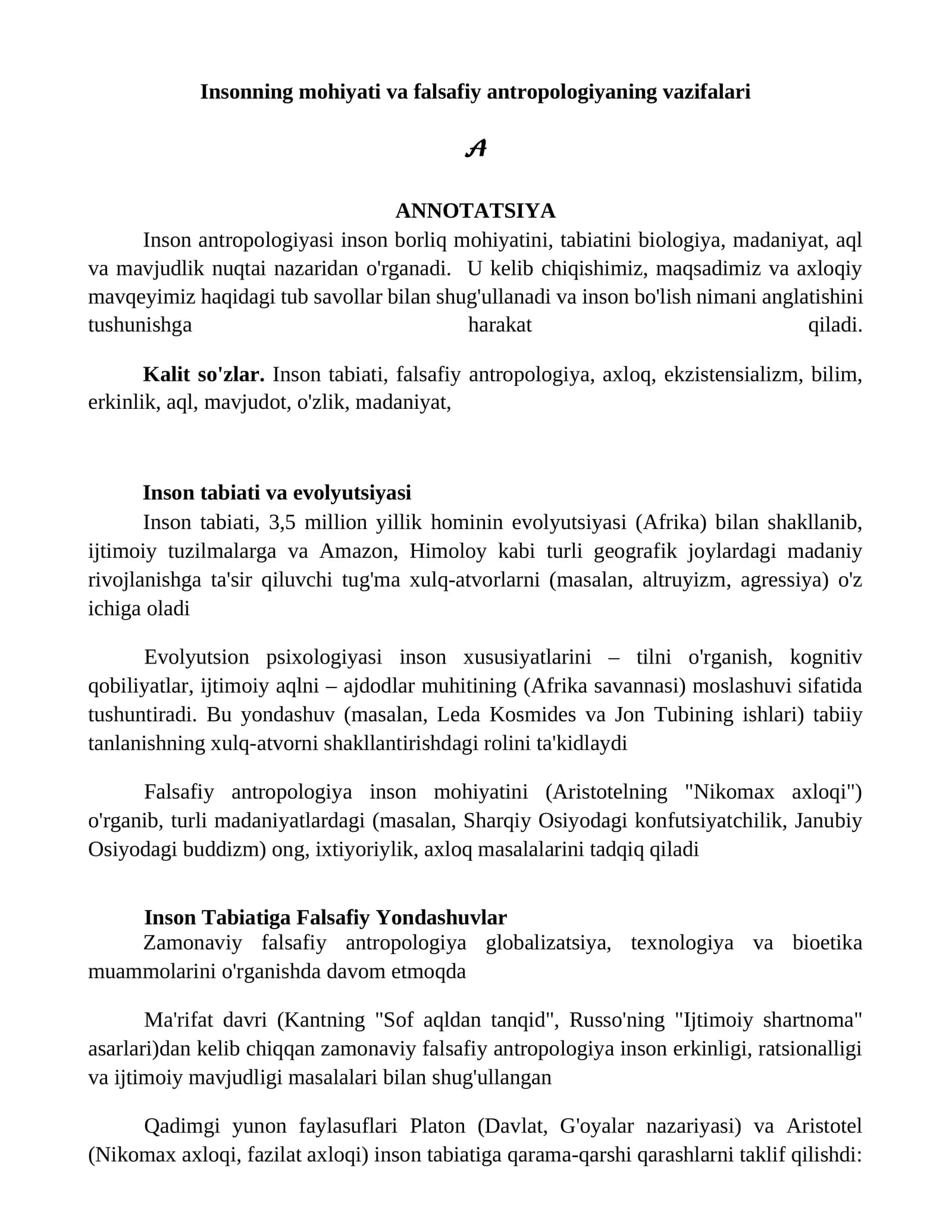 Insonning mohiyati va falsafiy antropologiyaning vazifalari