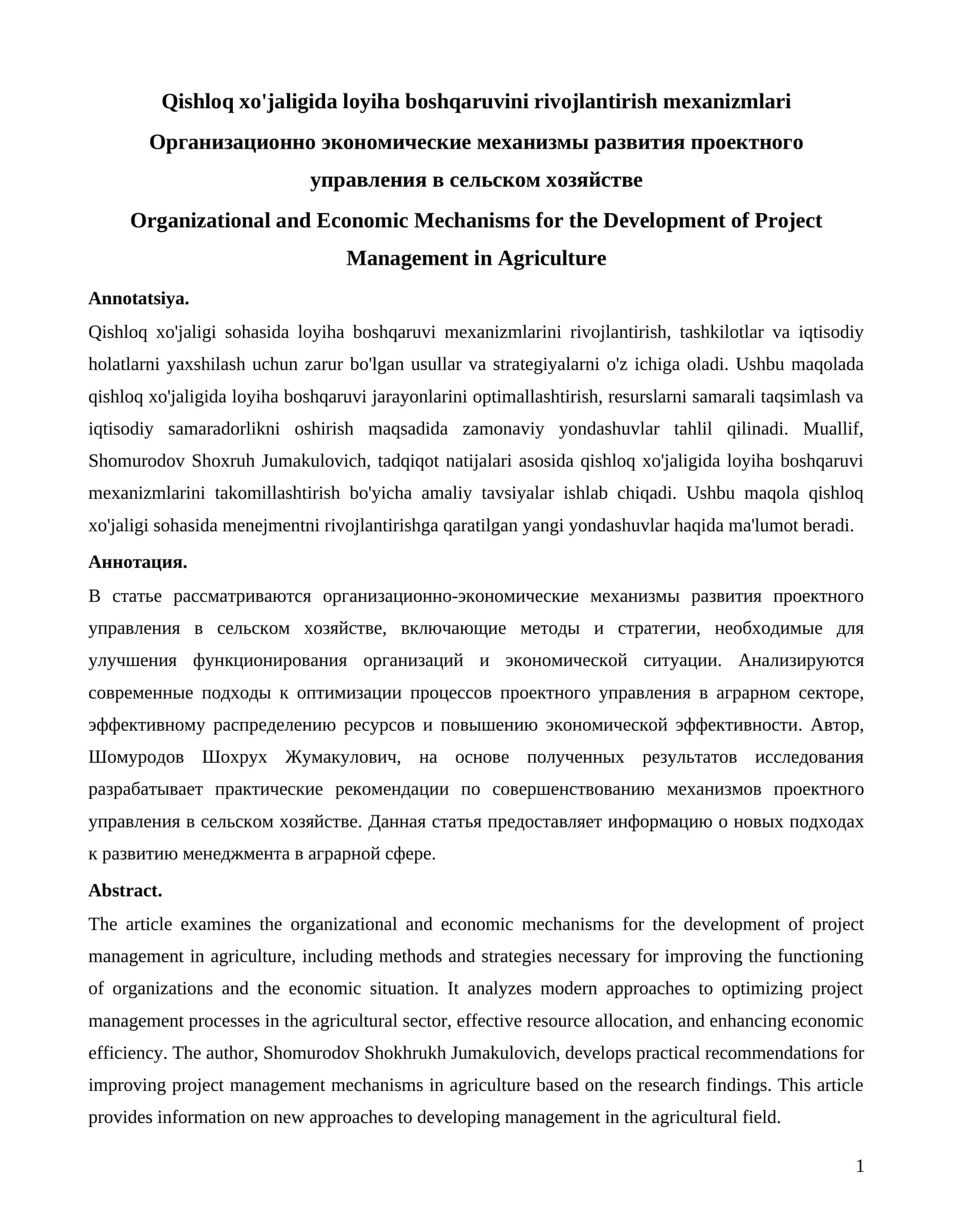 Qishloq xo'jaligida loyiha boshqaruvini rivojlantirish mexanizmlari