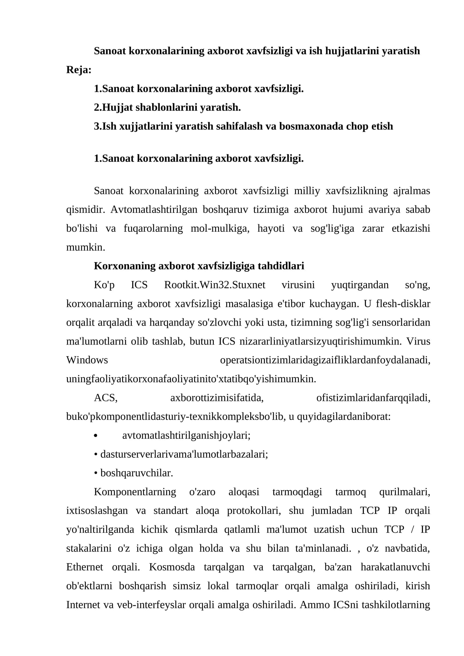 Sanoat korxonalarining axborot xavfsizligi va ish hujjatlarini yaratish