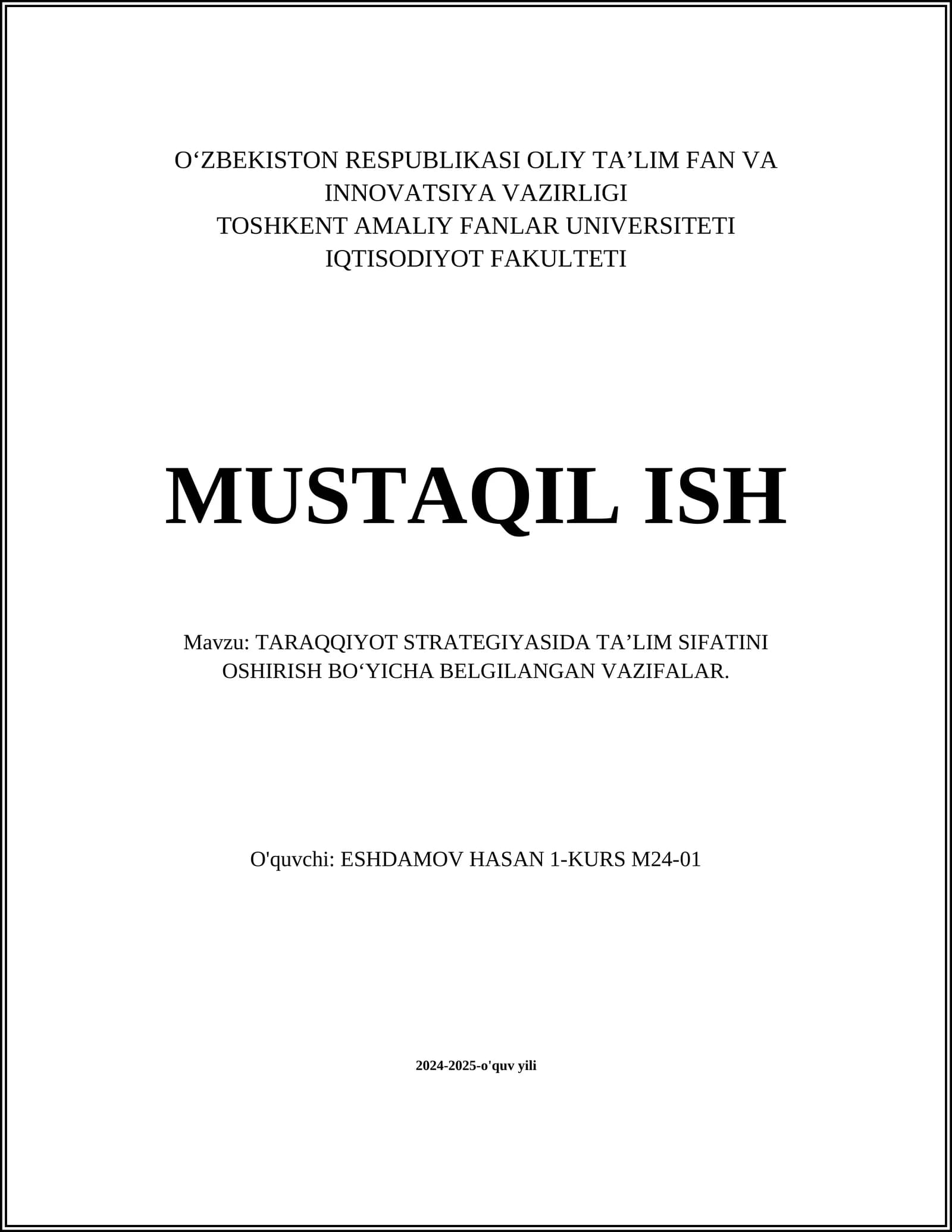 TARAQQIYOT STRATEGIYASI: TA’LIM SIFATINI OSHIRISH