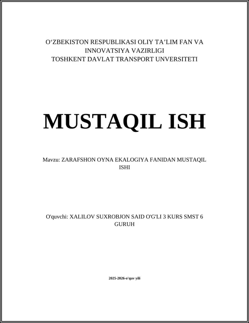 ZARAFSHON OYNA EKALOGIYA FANIDAN MUSTAQIL ISHI