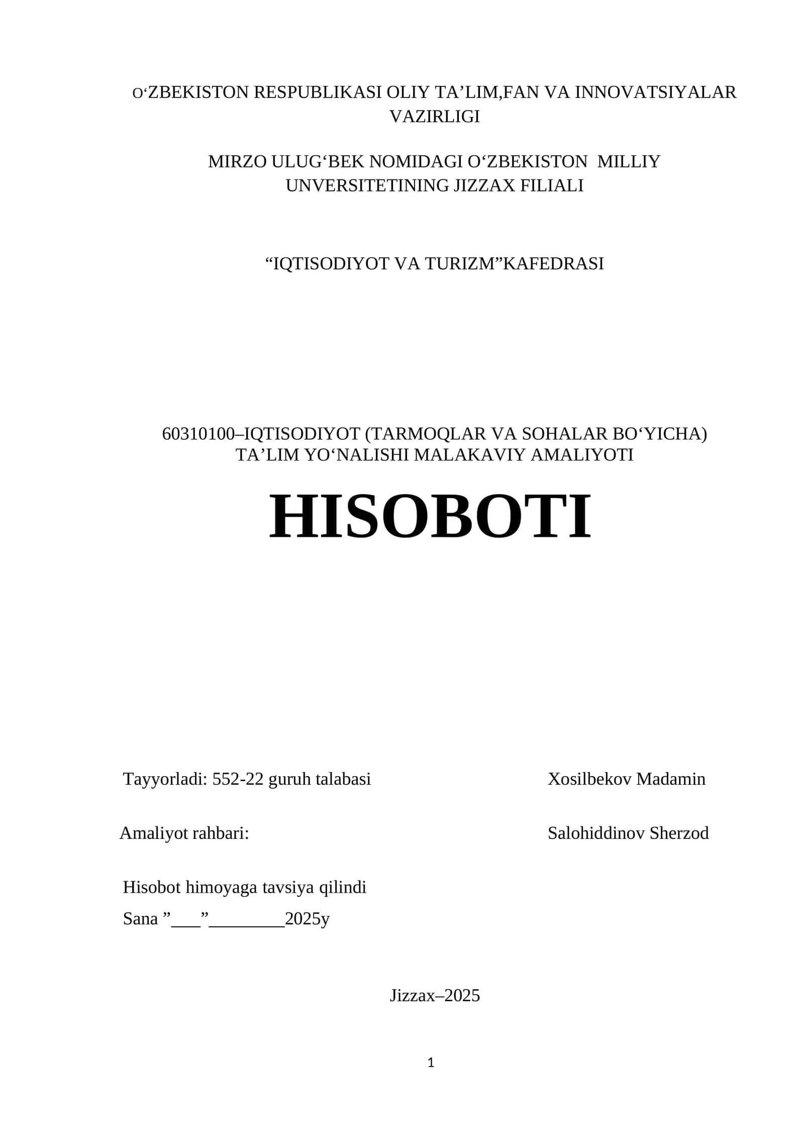 Yoshlar ishlar agentligi faoliyati boʻyicha amaliyot hisoboti.