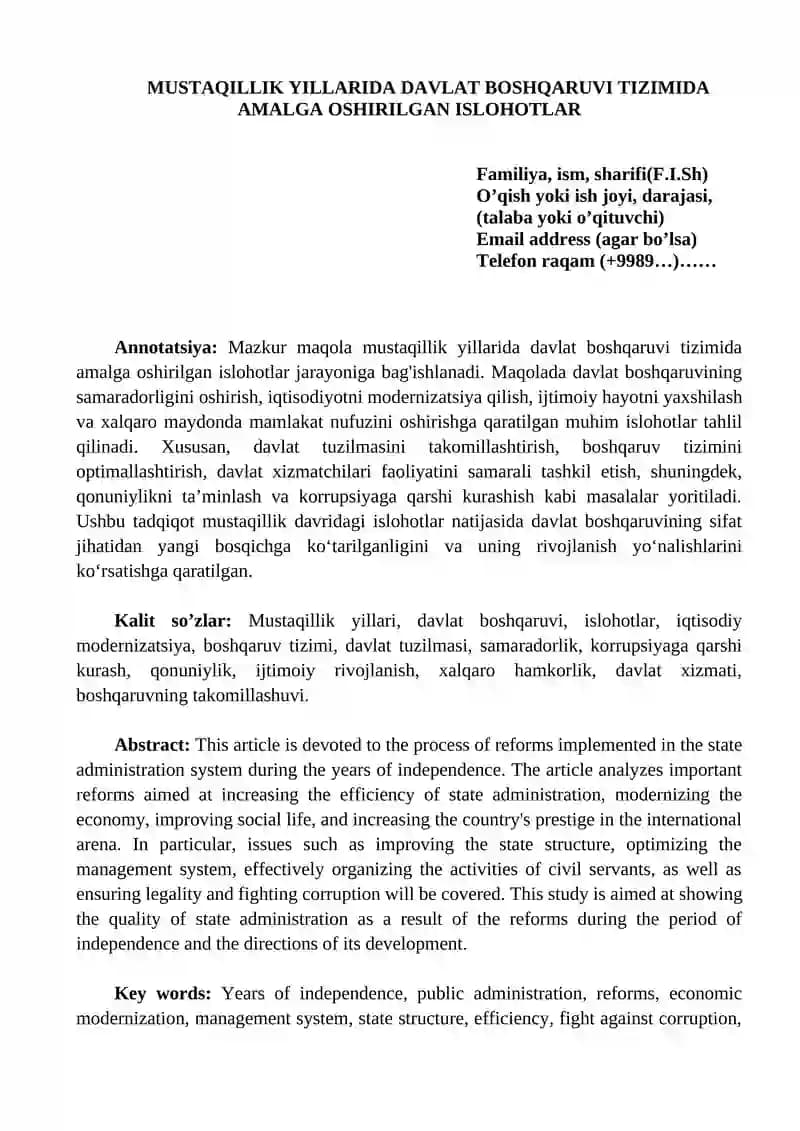 Mustaqillik Yillarida Davlat Boshqaruv Tizimida Amalga Oshirilgan Ishlohotlar