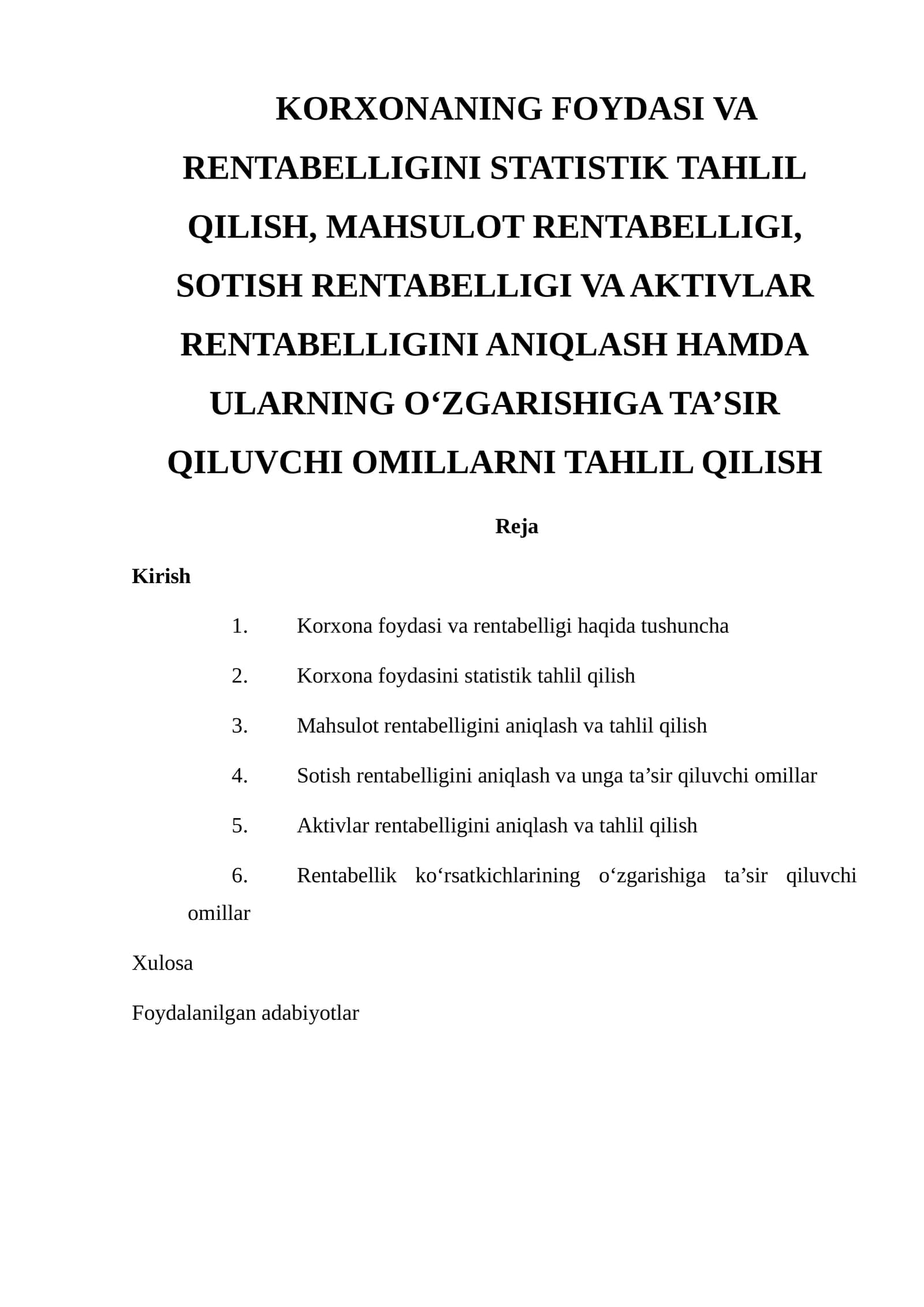 KORXONANING FOYDASI VA RENTABELLIGINI STATISTIK TAHLIL QILISH