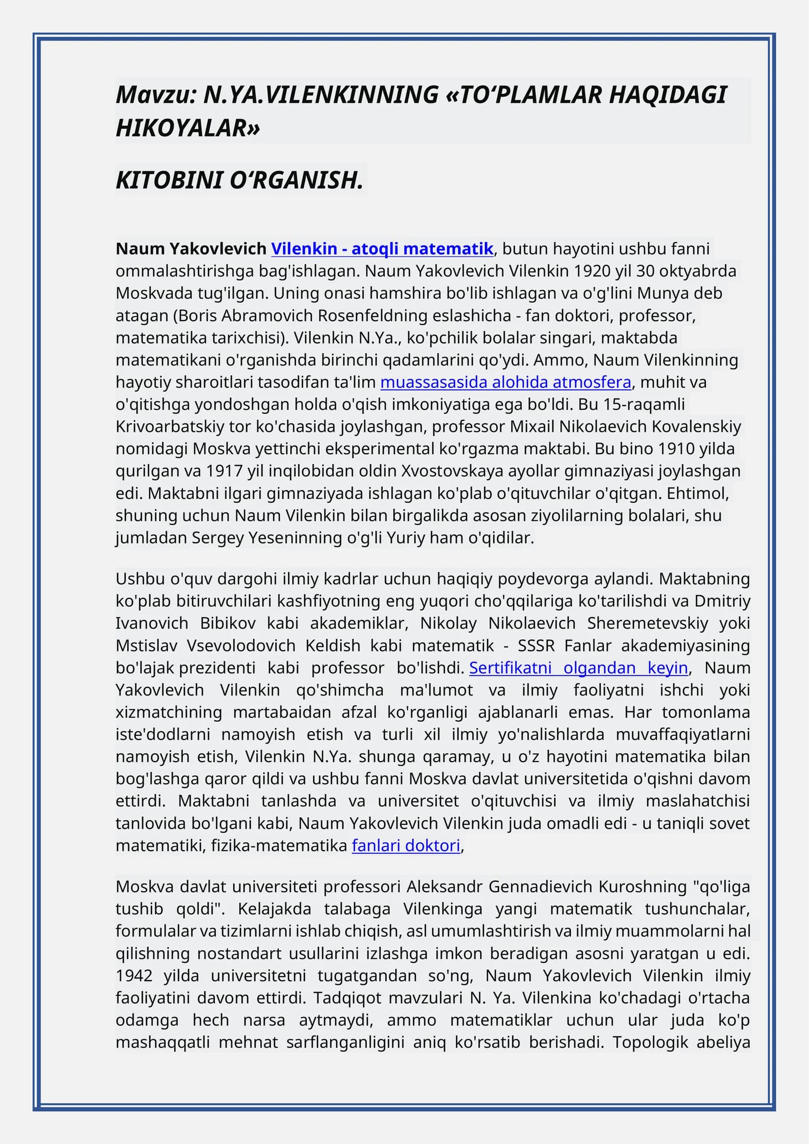N.YA.VILENKINNING «TO‘PLAMLAR HAQIDAGI HIKOYALAR» KITOBINI O‘RGANISH