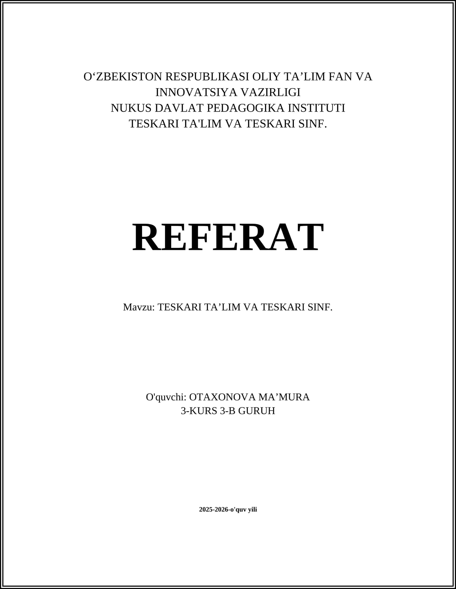 TESKARI TAʼLIM VA TESKARI SINF