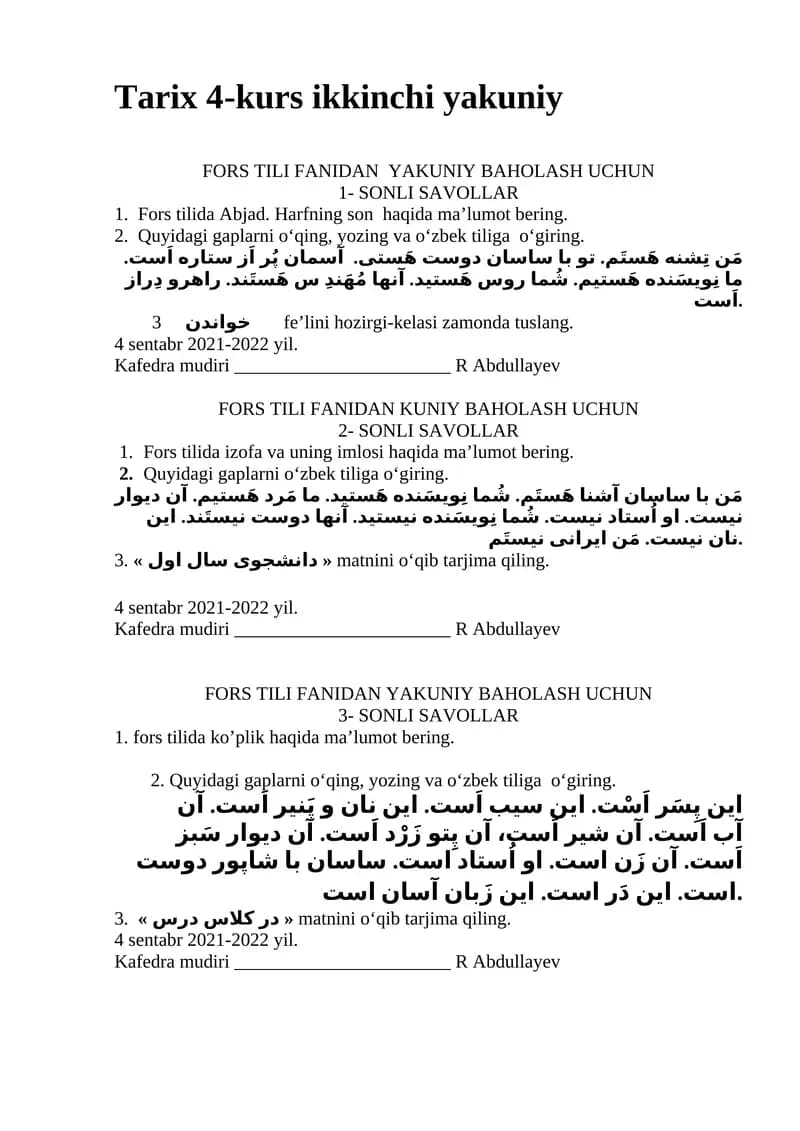 Fors Tili Fanidan Yakuniy Baholash Uchun
