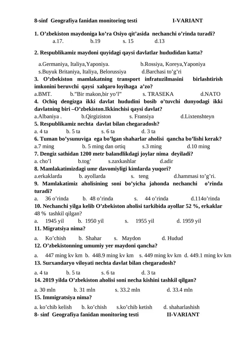 8-sinf Geografiya fanidan monitoring testi I-VARIANT