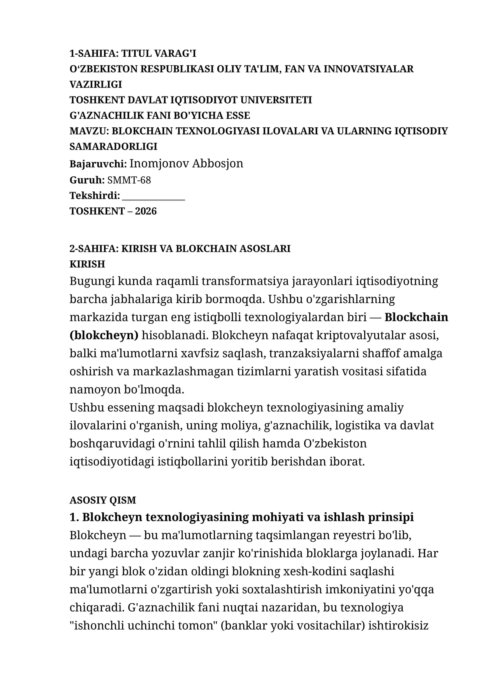BLOKCHAIN TEXNOLOGIYASI ILOVALARI VA ULARNING IQTISODIY SAMARADORLIGI