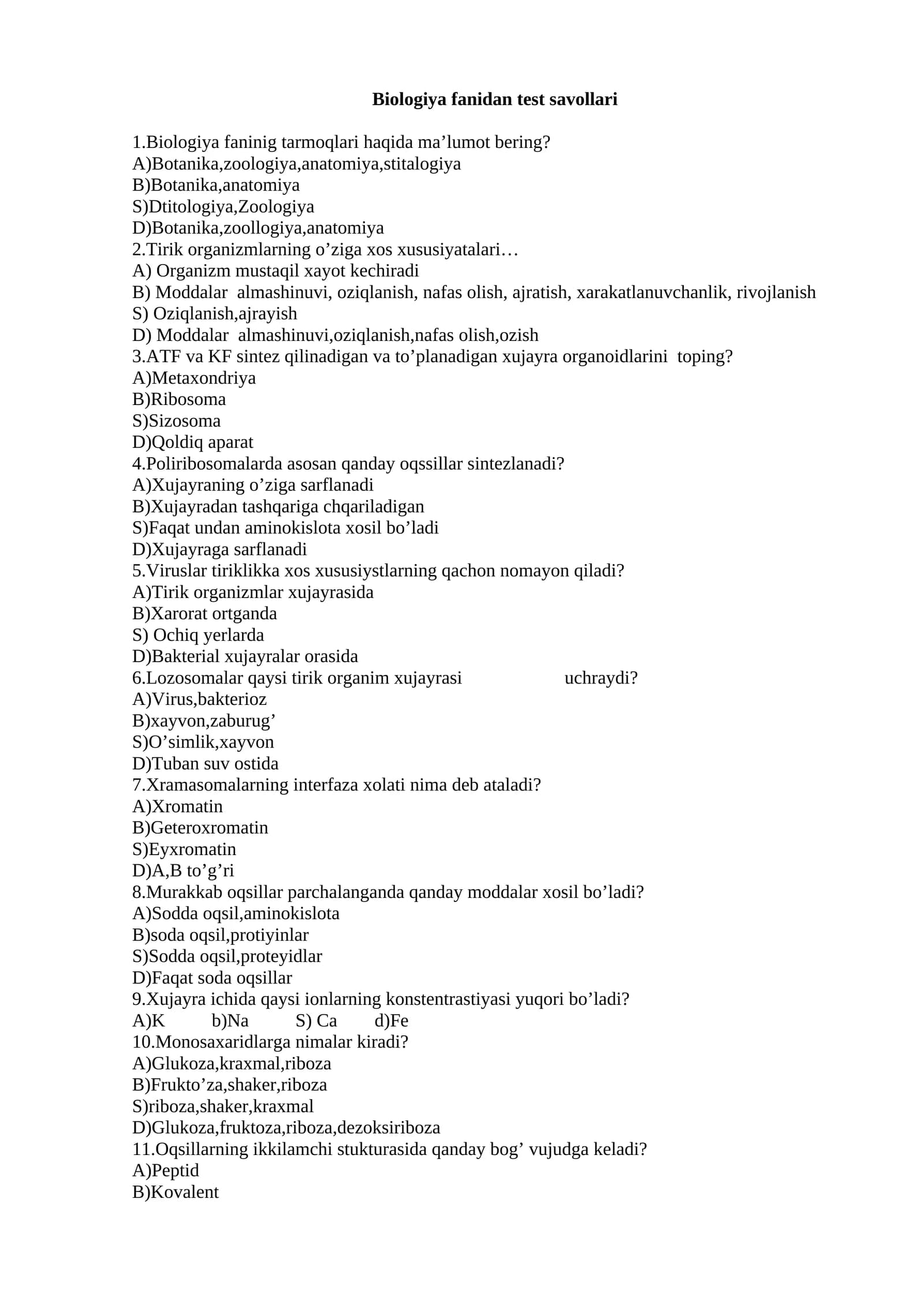 Biologiya fanidan 50 ta test savollari javoblari bilan.
