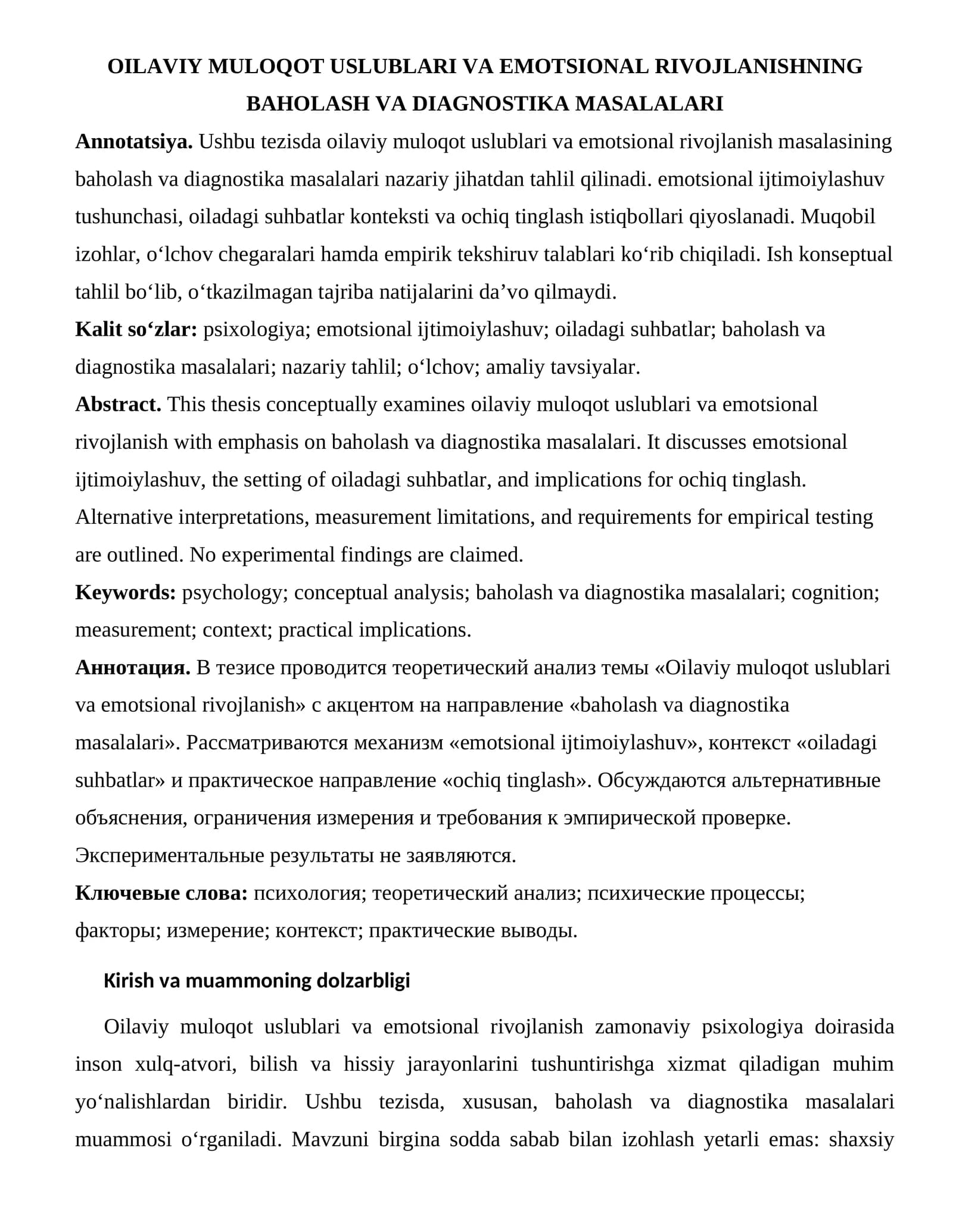 OILAVIY MULOQOT USLUBLARI VA EMOTSIONAL RIVOJLANISHNING BAHOLASH VA DIAGNOSTIKA MASALALARI