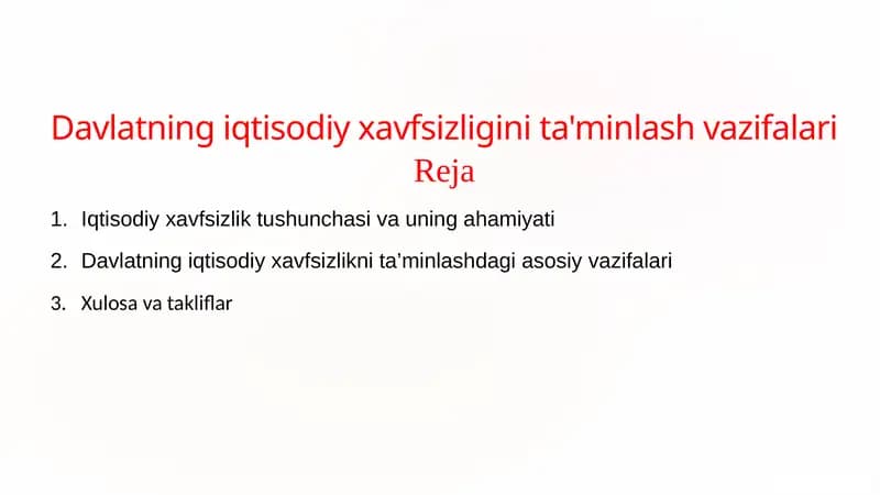 Davlatning iqtisodiy xavfsizligini ta'minlash vazifalari