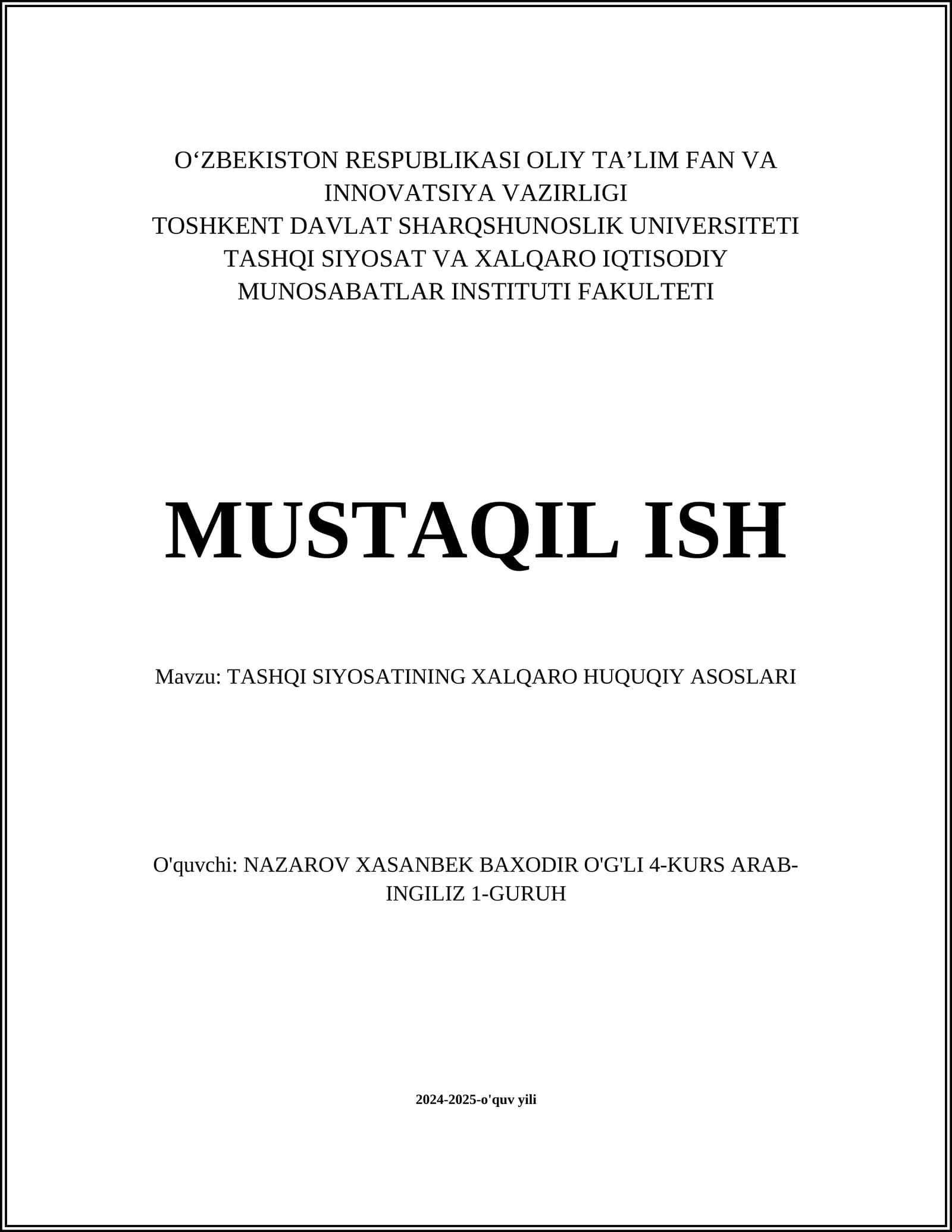 TASHQI SIYOSATINING XALQARO HUQUQIY ASOSLARI