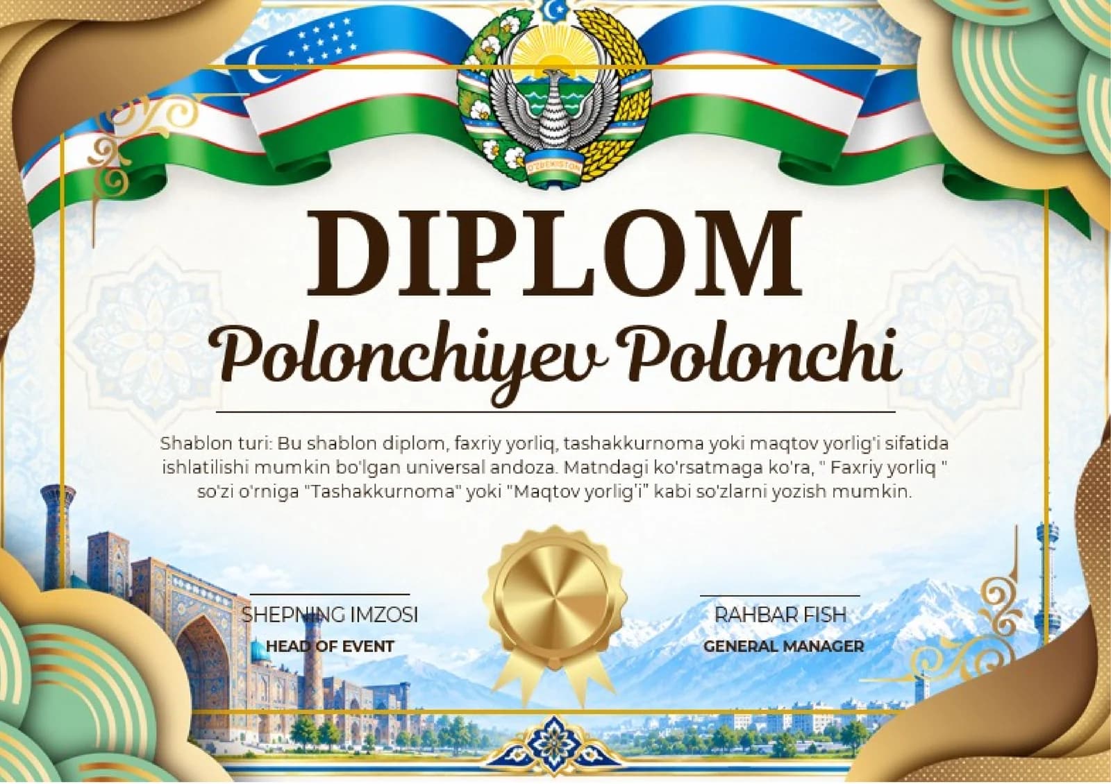 Shablon diplom, sertifikat, faxriy yorliq, tashakkurnoma yoki maqtov yorlig'i