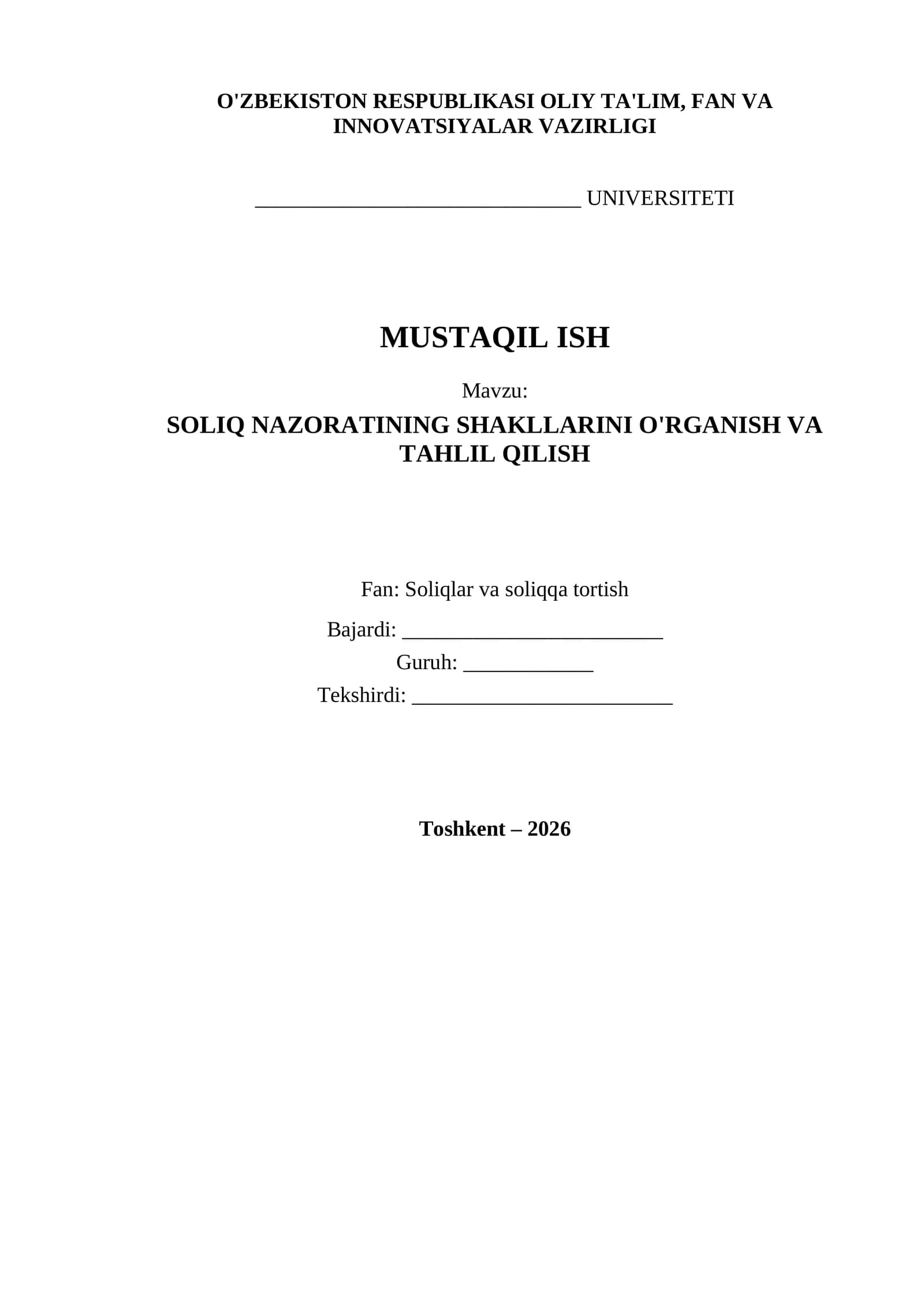 SOLIQ NAZORATINING SHAKLLARINI O'RGANISH VA TAHLIL QILISH