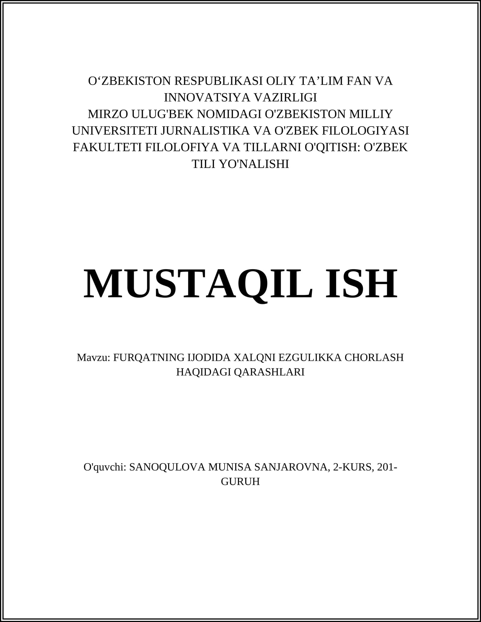 Furqatning Ijodida Xalqni Ezgulikka Chorlash Haqidagi Qarashlari