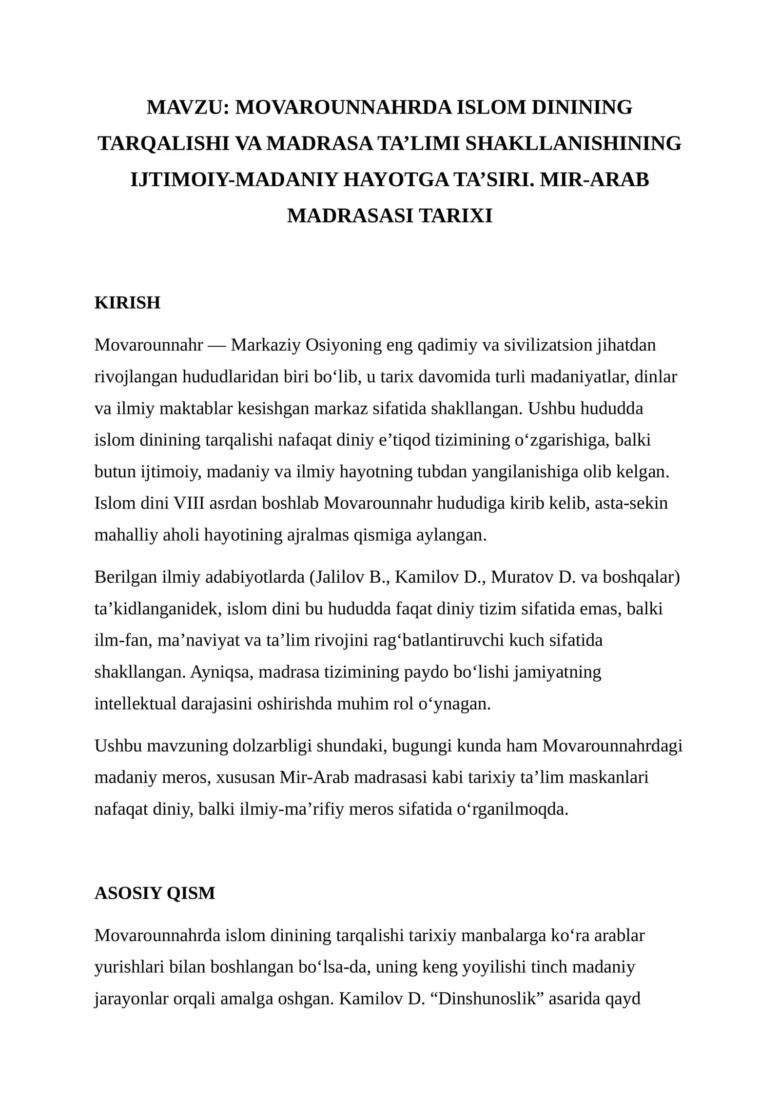 MOVAROUNNAHRDA ISLOM DININING TARQALISHI VA MADRASA TA’LIMI SHAKLLANISHINING IJTIMOIY-MADANIY HAYOTGA TA’SIRI