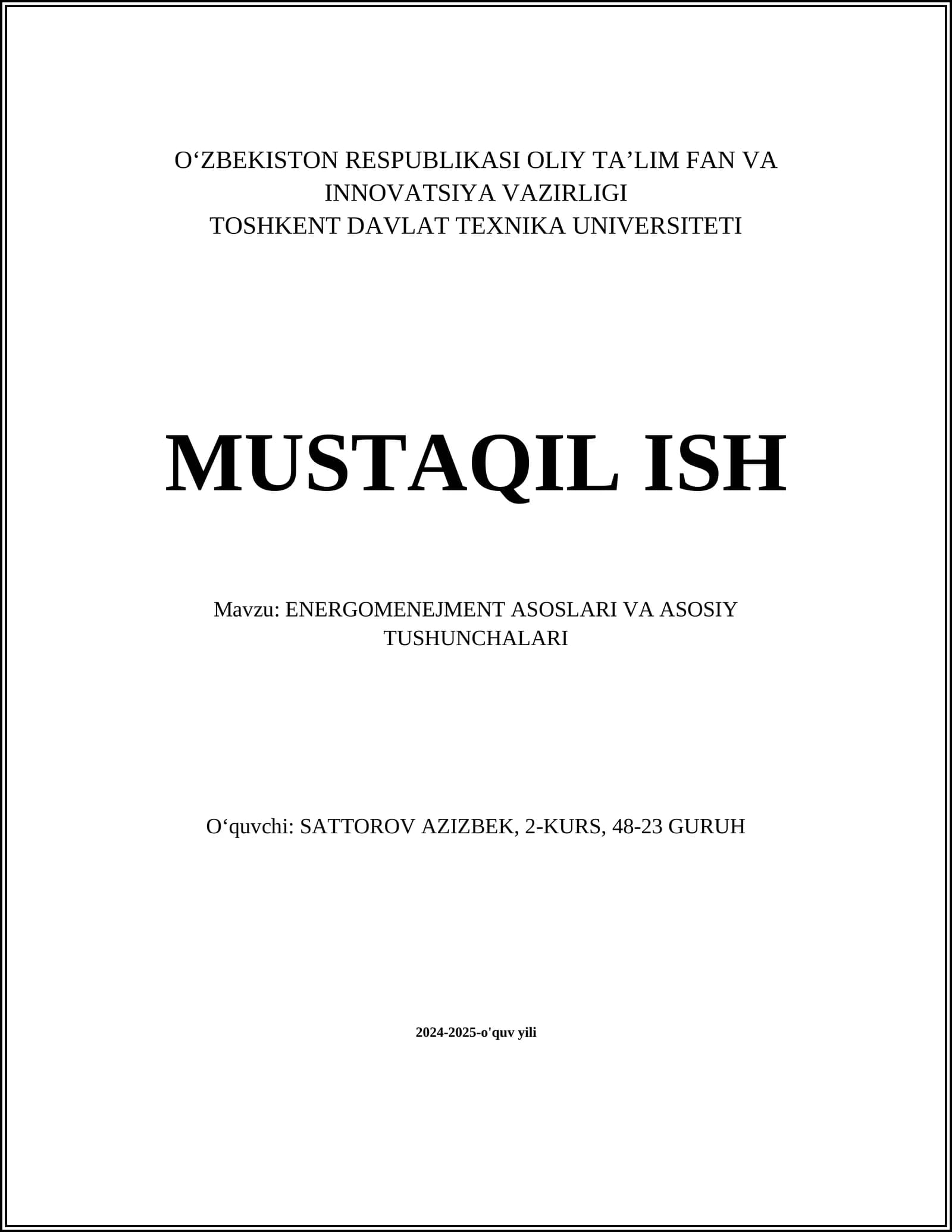 ENERGOMENEJMENT ASOSLARI VA ASOSIY TUSHUNCHALARI