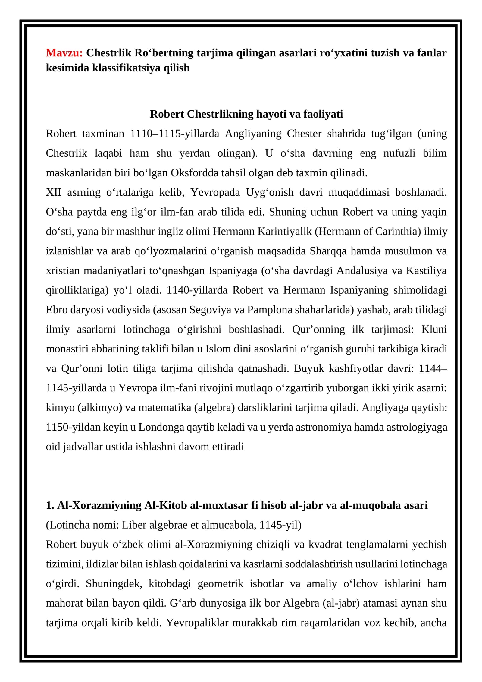 Chestrlik Roʻbertning tarjima qilingan asarlari roʻyxati