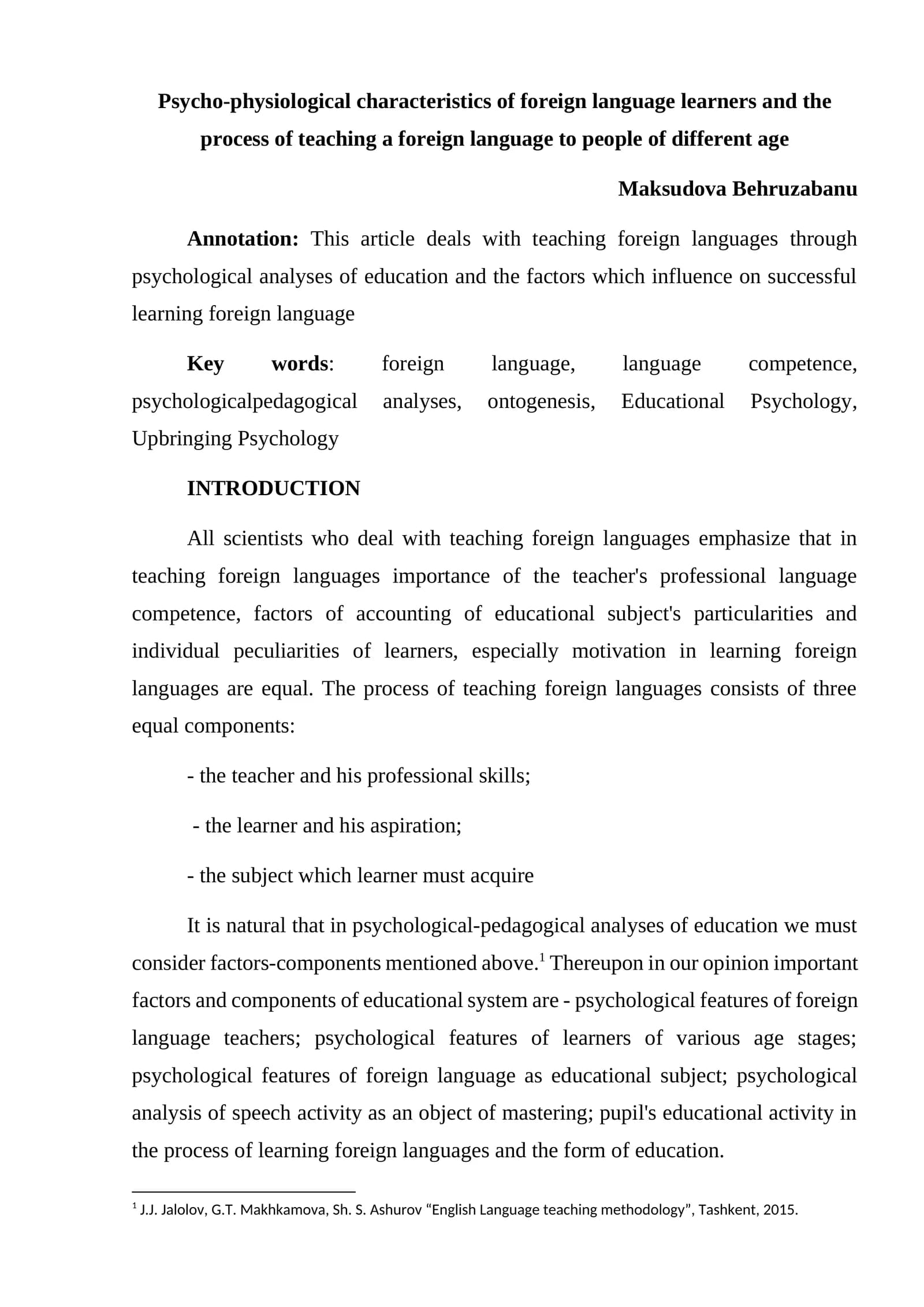 Psycho-physiological characteristics of foreign language learners and the process of teaching a foreign language to people of different age