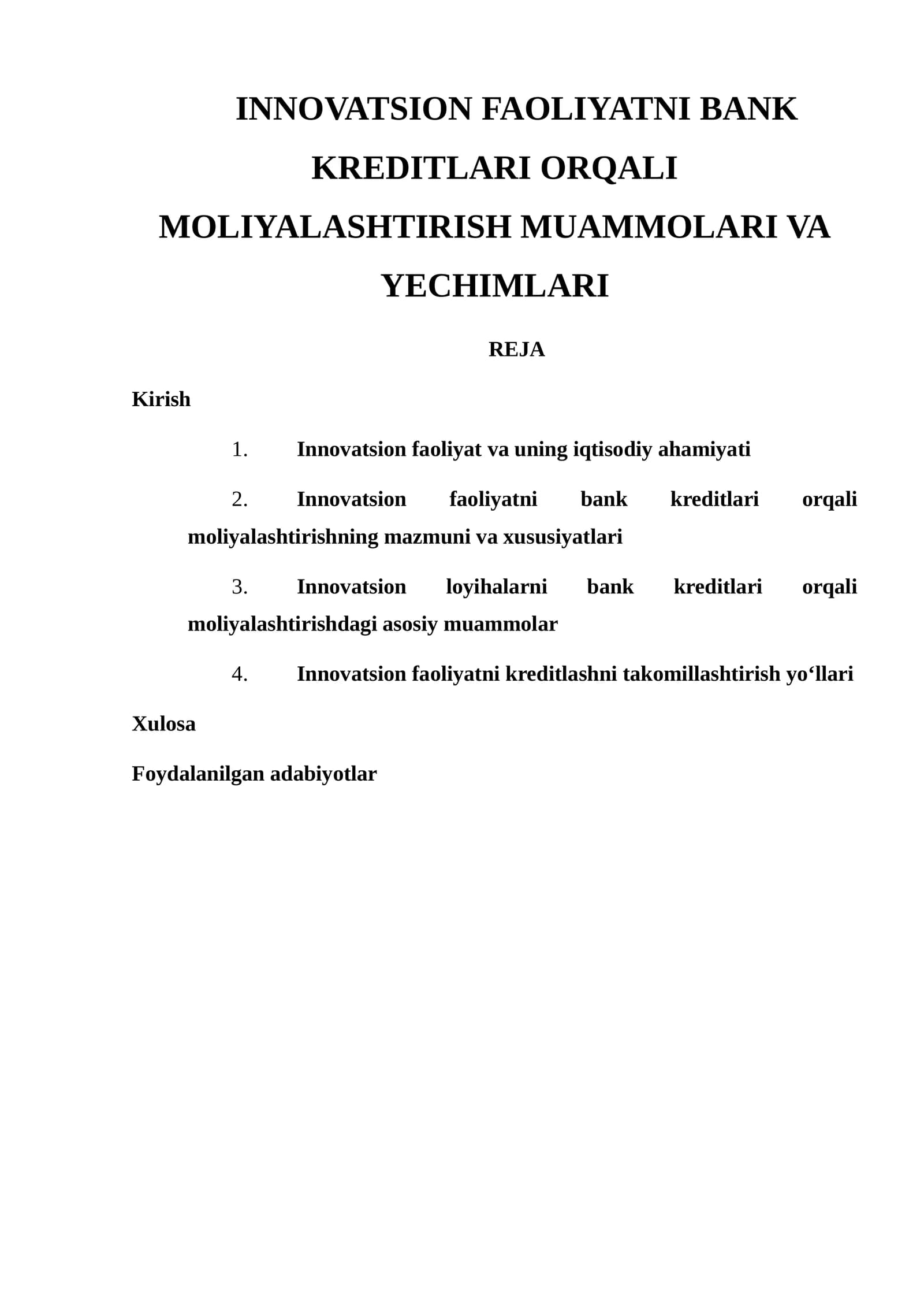 Innovatsion Faoliyatni Bank Kreditlari Orqali Moliyalashtirish Muammolari va Yechimlari
