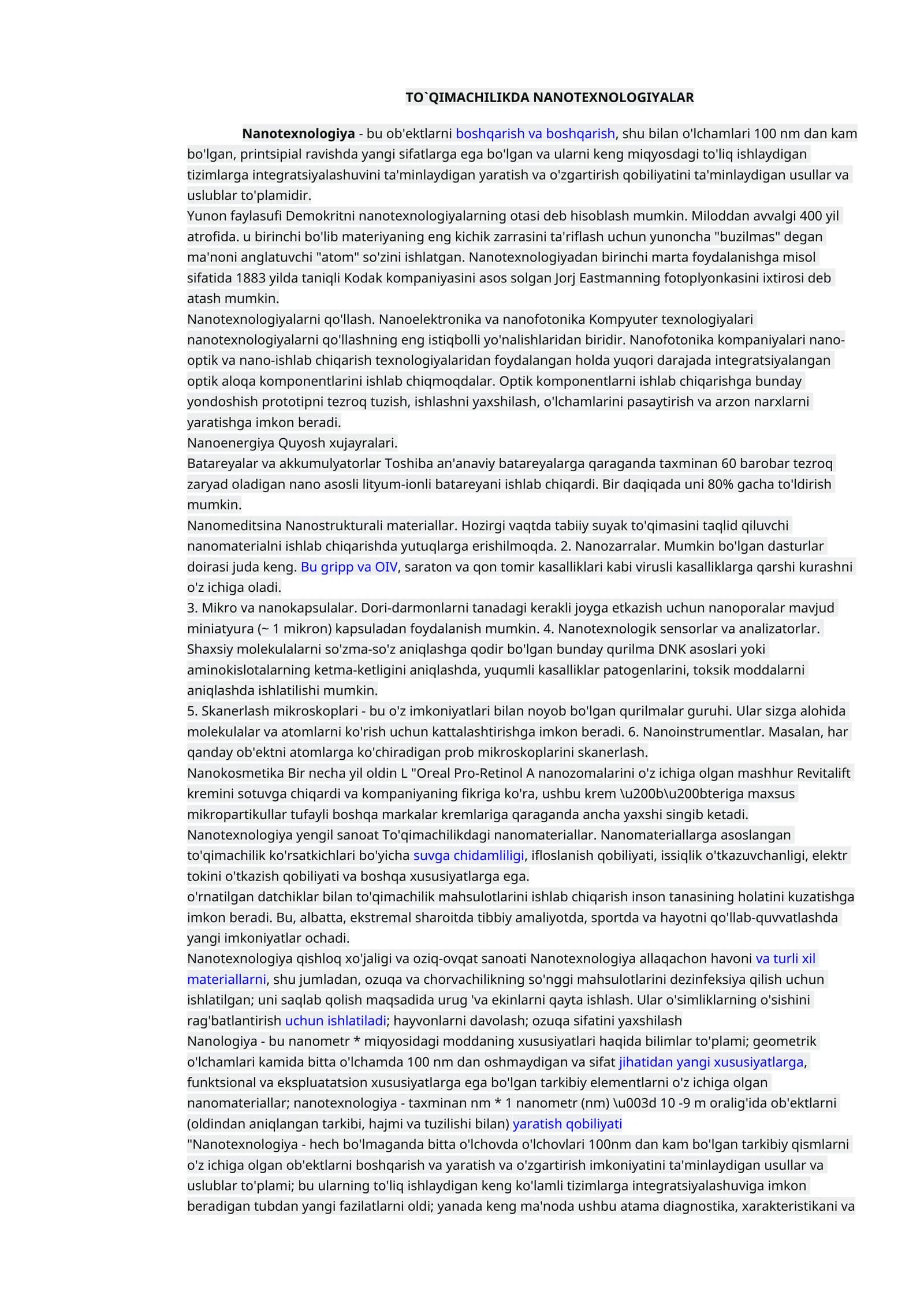 TO`QIMACHILIKDA NANOTEXNOLOGIYALAR