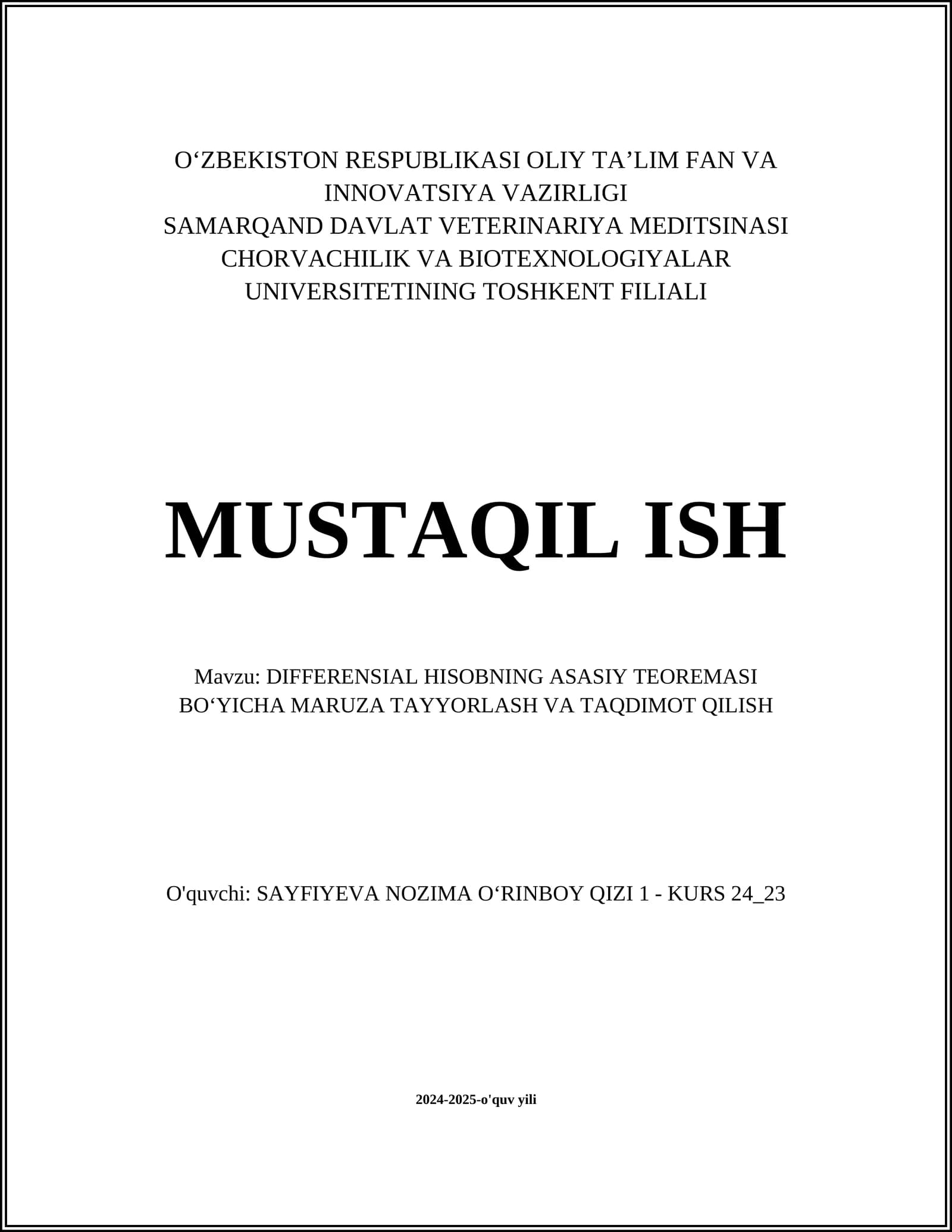 DIFFERENSIAL HISOBNING ASASIY TEOREMASI BOʻYICHA MARUZA TAYYORLASH VA TAQDIMOT QILISH