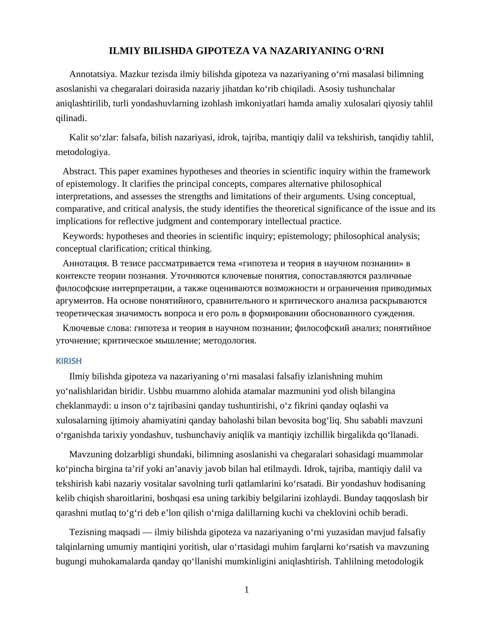 ILMIY BILISHDA GIPOTEZA VA NAZARIYANING O‘RNI