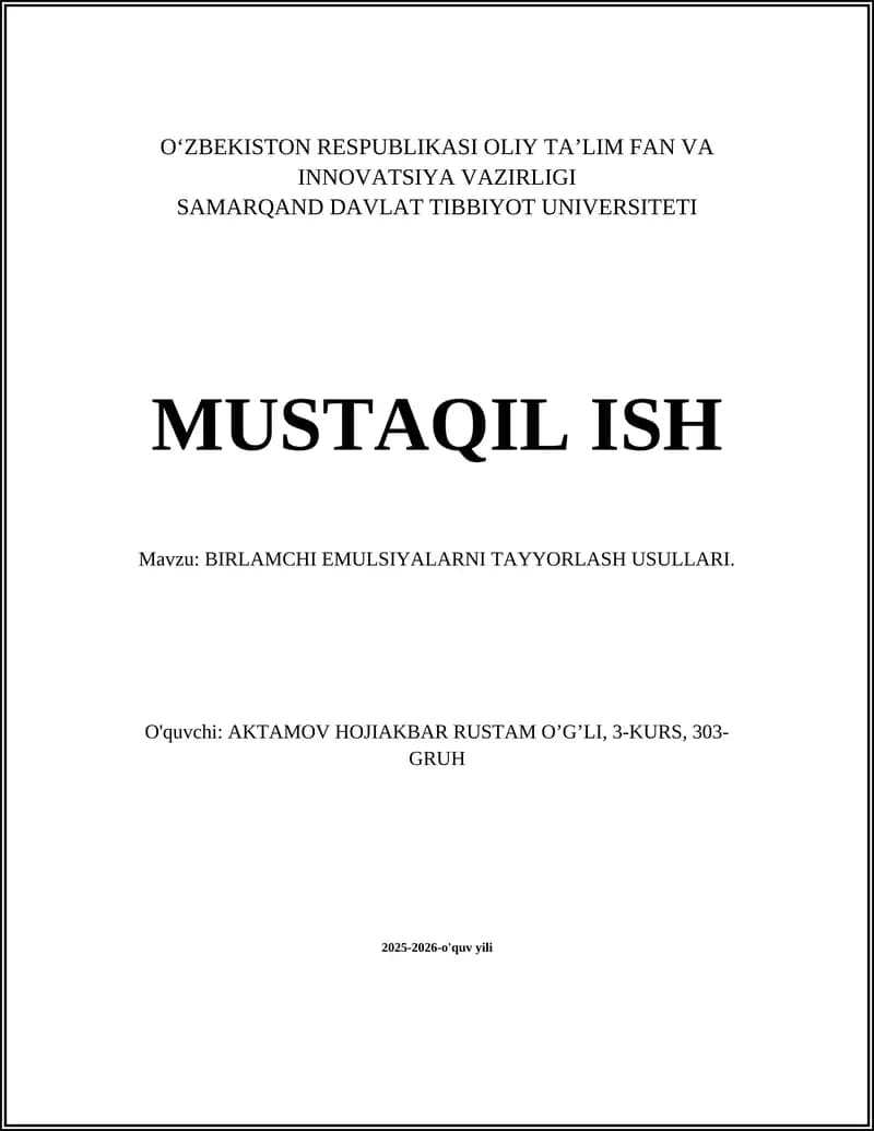 BIRLAMCHI EMULSIYALARNI TAYYORLASH USULLARI