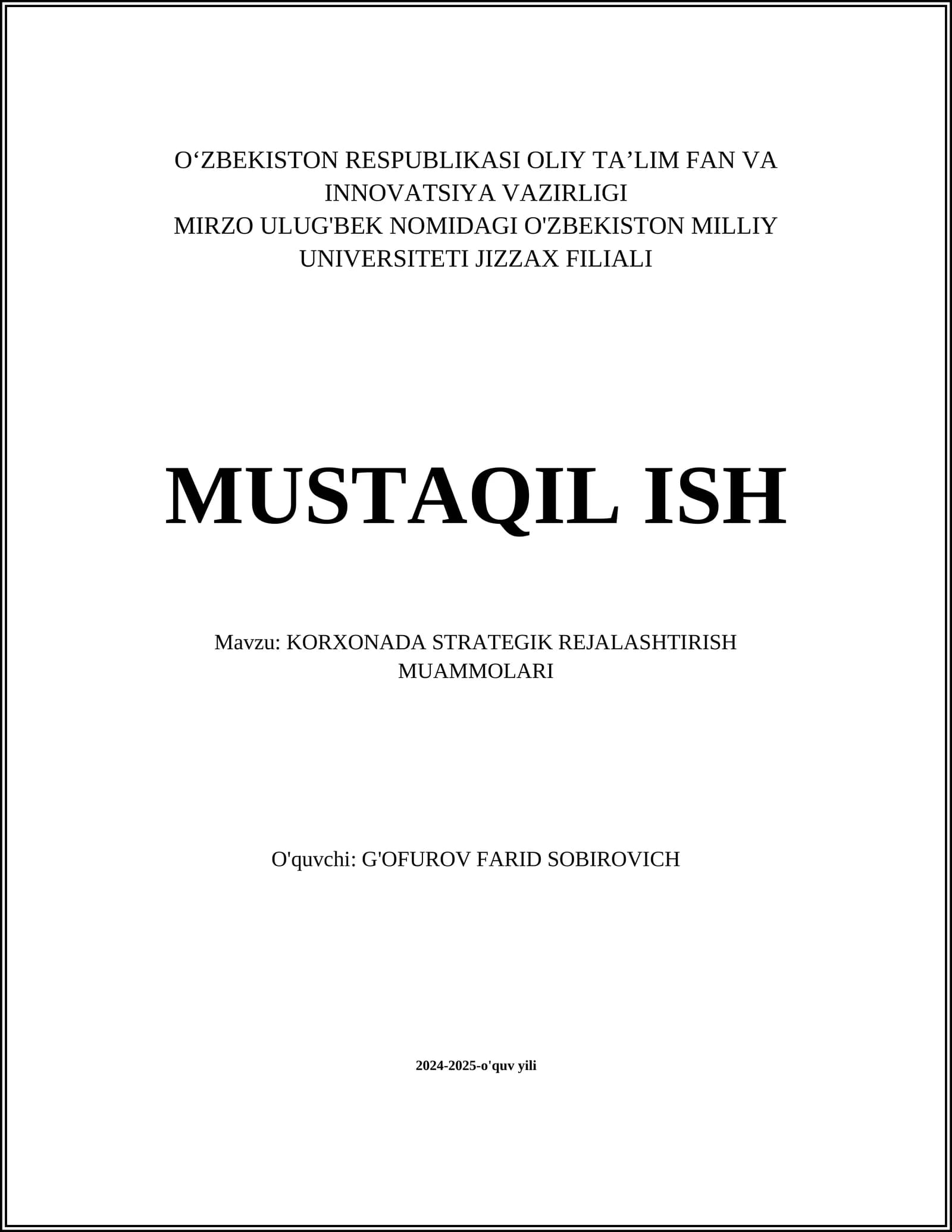 KORXONADA STRATEGIK REJALASHTIRISH MUAMMOLARI