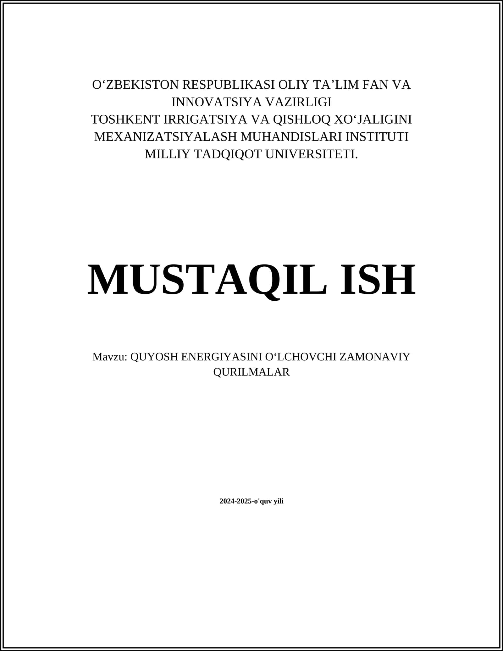 QUYOSH ENERGIYASINI OʻLCHOVCHI ZAMONAVIY QURILMALAR