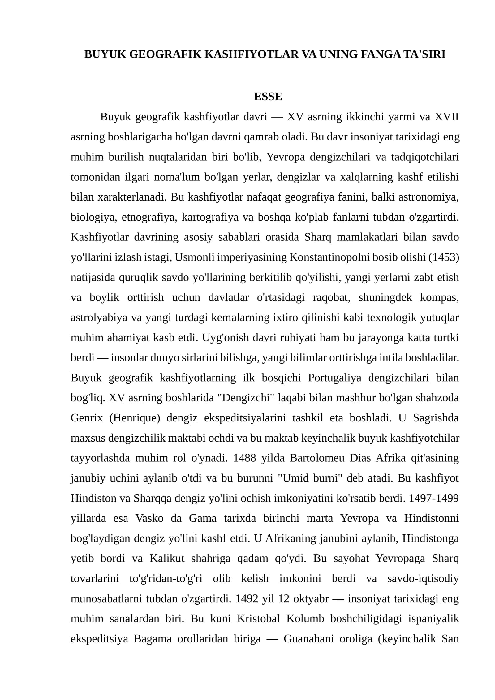 BUYUK GEOGRAFIK KASHFIYOTLAR VA UNING FANGA TA'SIRI