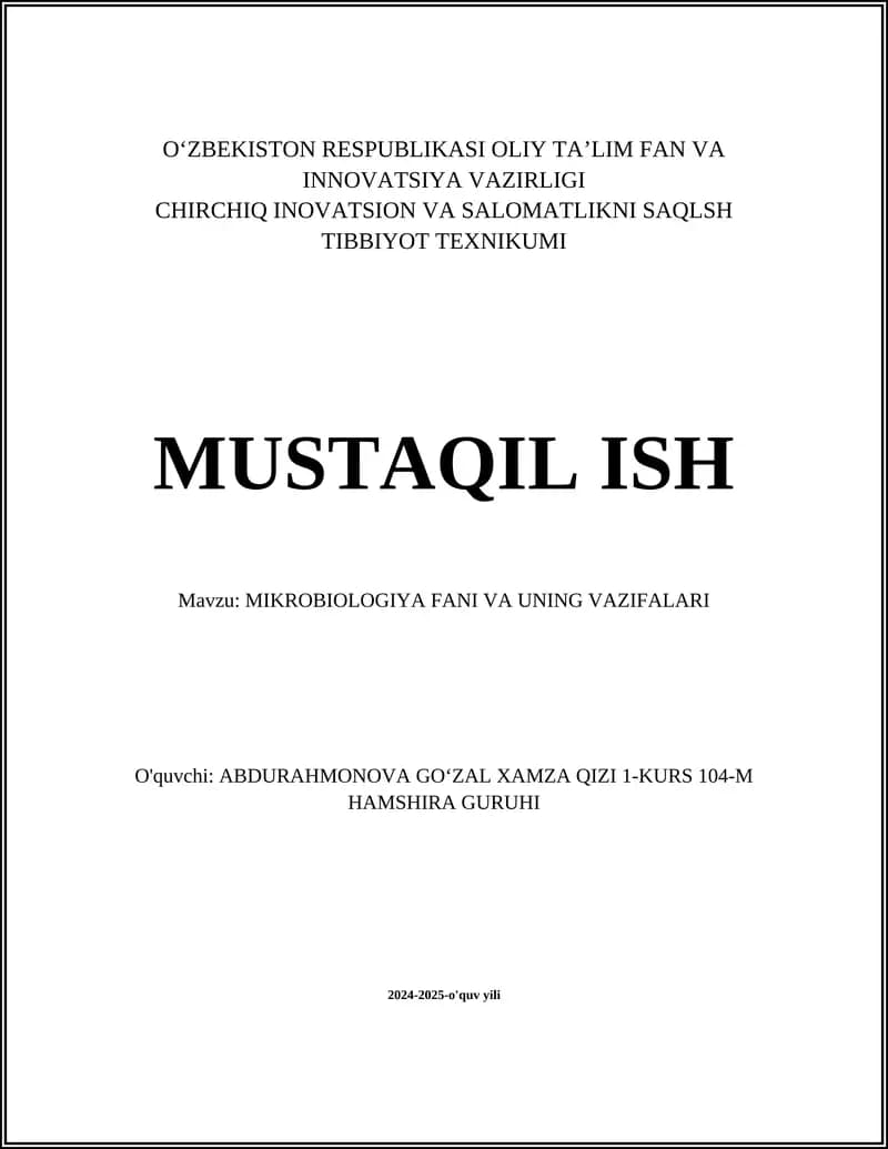 MIKROBIOLOGIYA FANI VA UNING VAZIFALARI