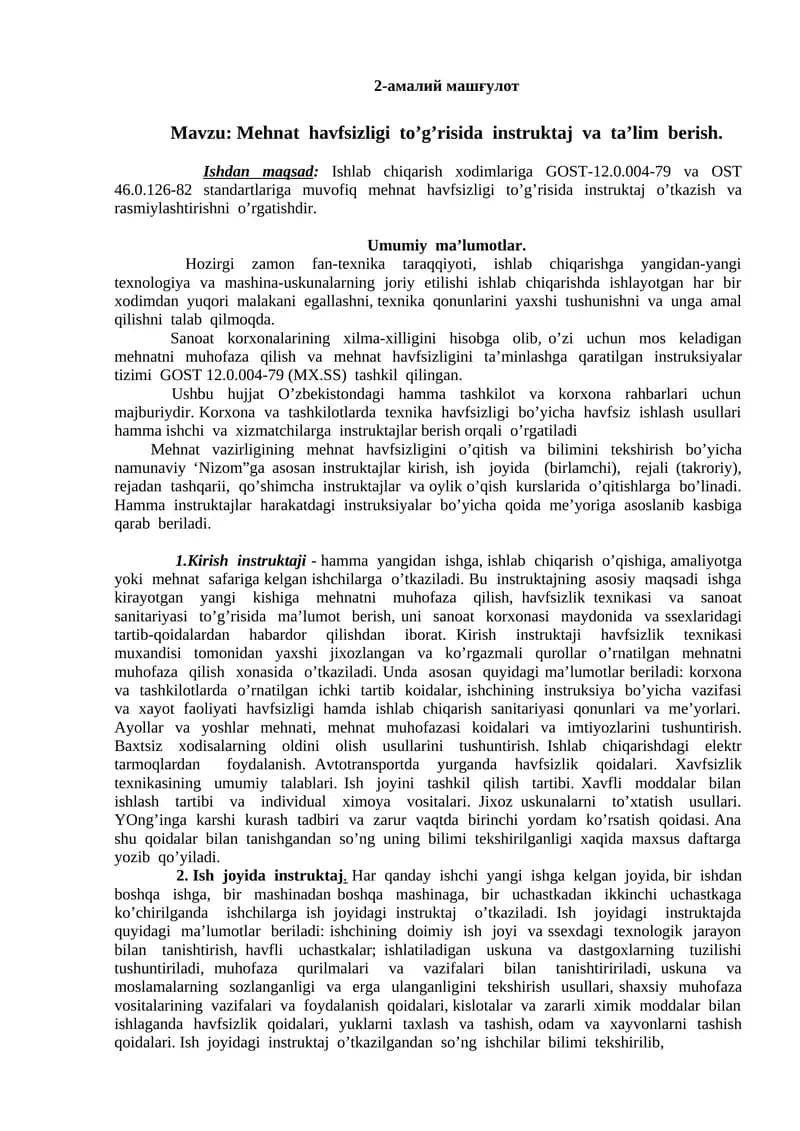 Mehnat havfsizligi to’g’risida instruktaj va ta’lim berish