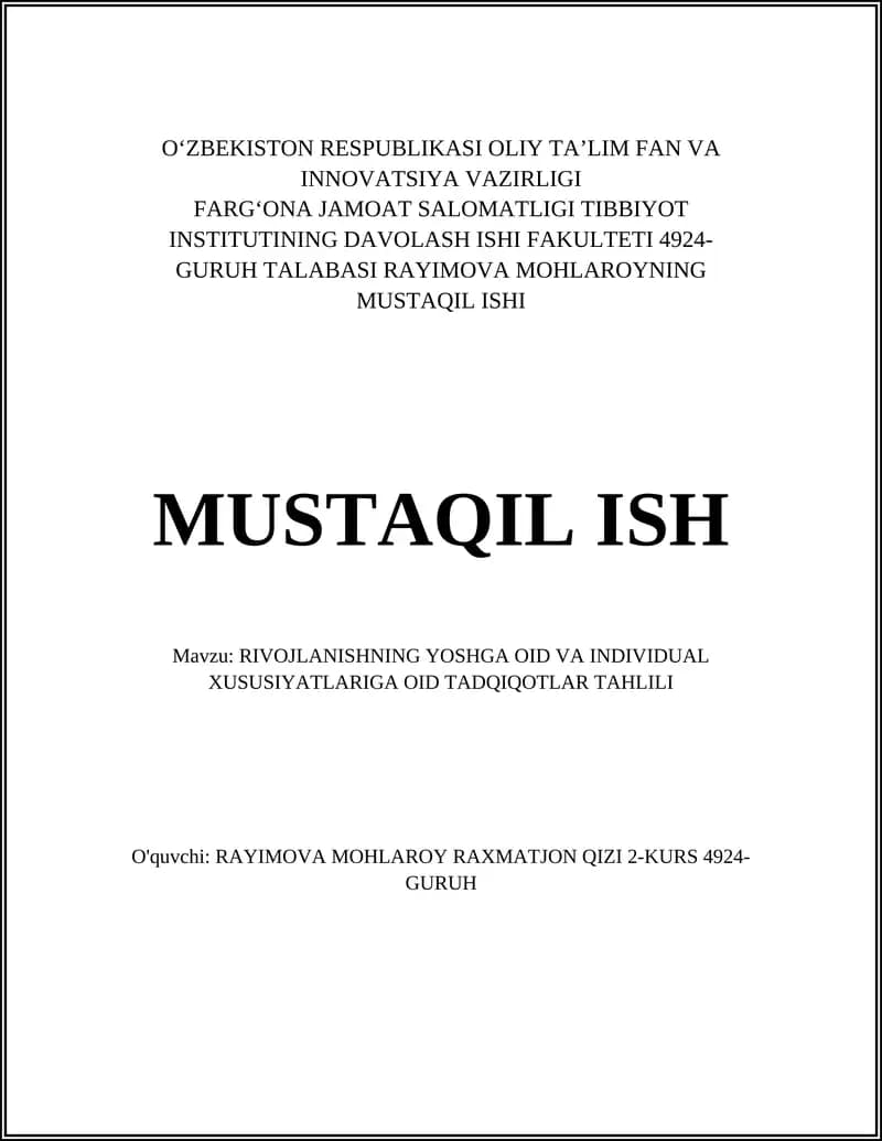 RIVOJLANISHNING YOSHGA OID VA INDIVIDUAL XUSUSIYATLARIGA OID TADQIQOTLAR TAHLILI