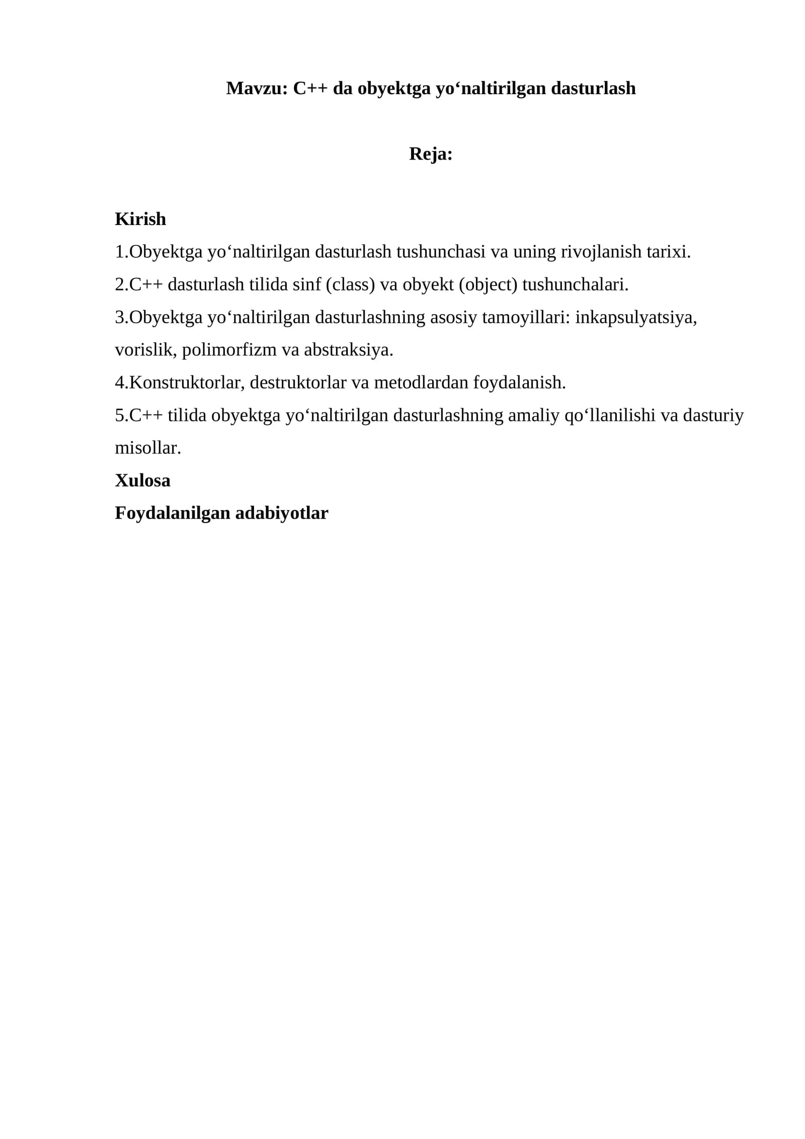 C++ da obyektga yo‘naltirilgan dasturlash
