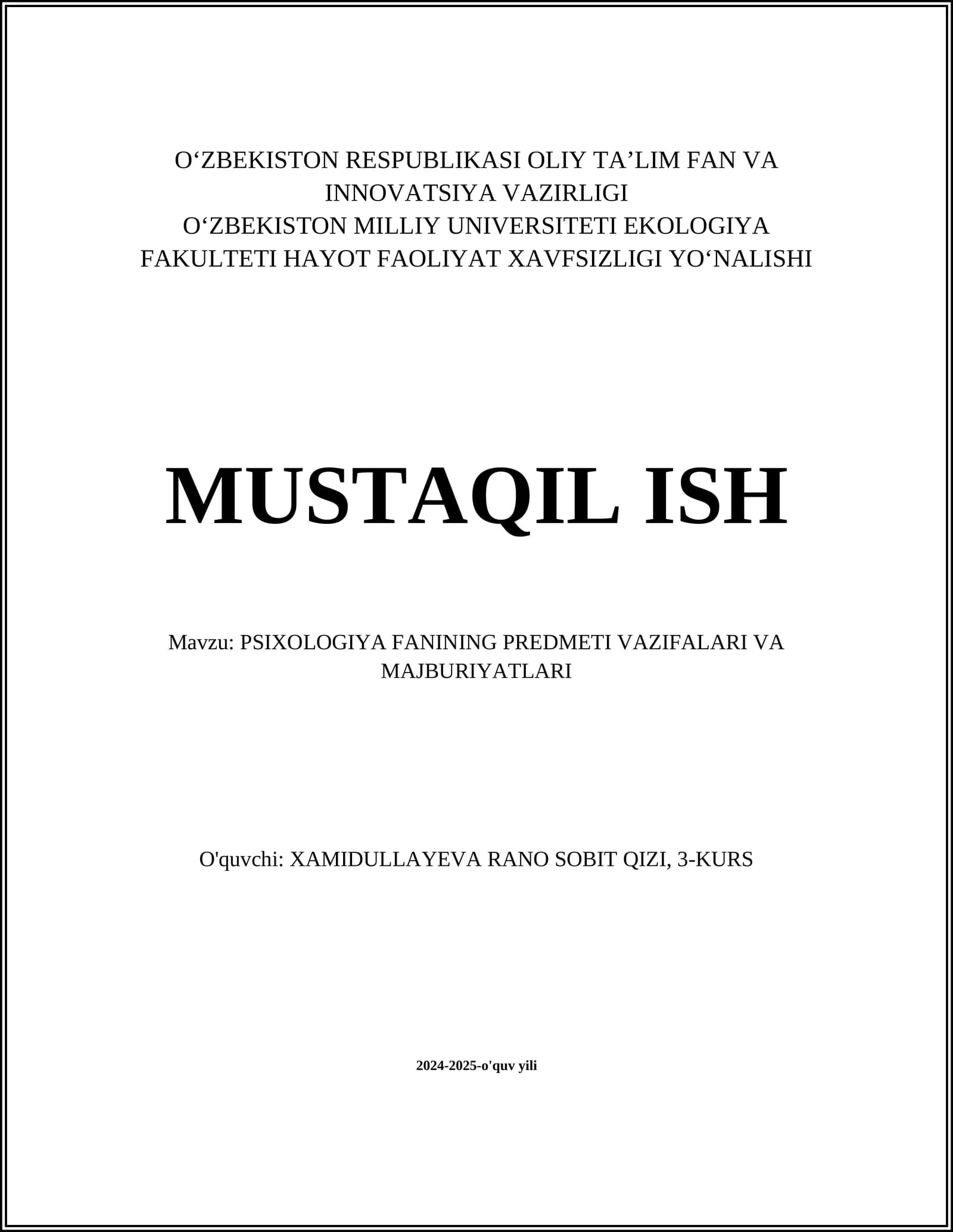 PSIXOLOGIYA FANINING PREDMETI VAZIFALARI VA MAJBURIYATLARI