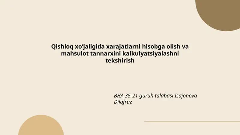 Qishloq xo'jaligida xarajatlarni hisobga olish