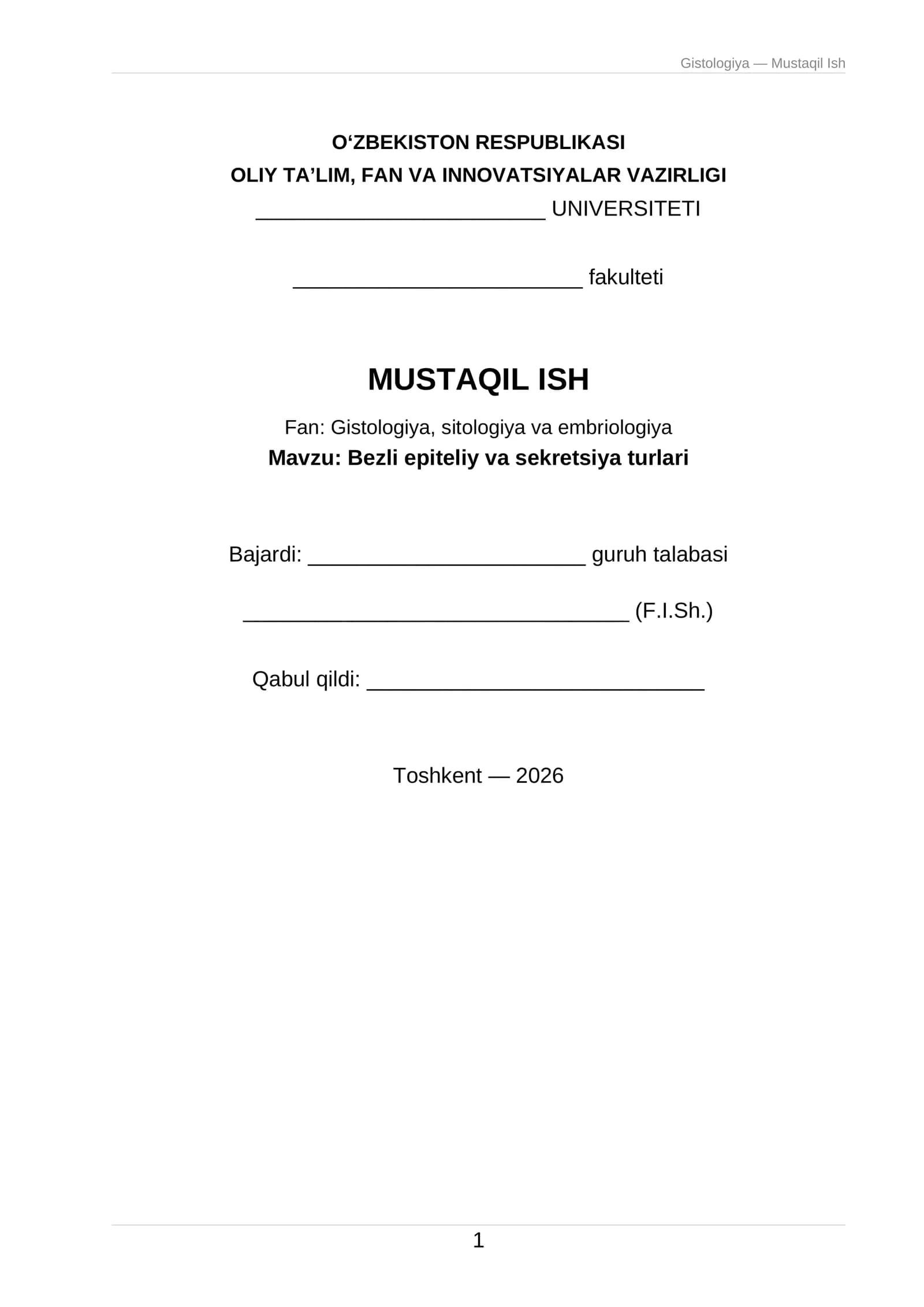 Gistologiya — Mustaqil Ish
