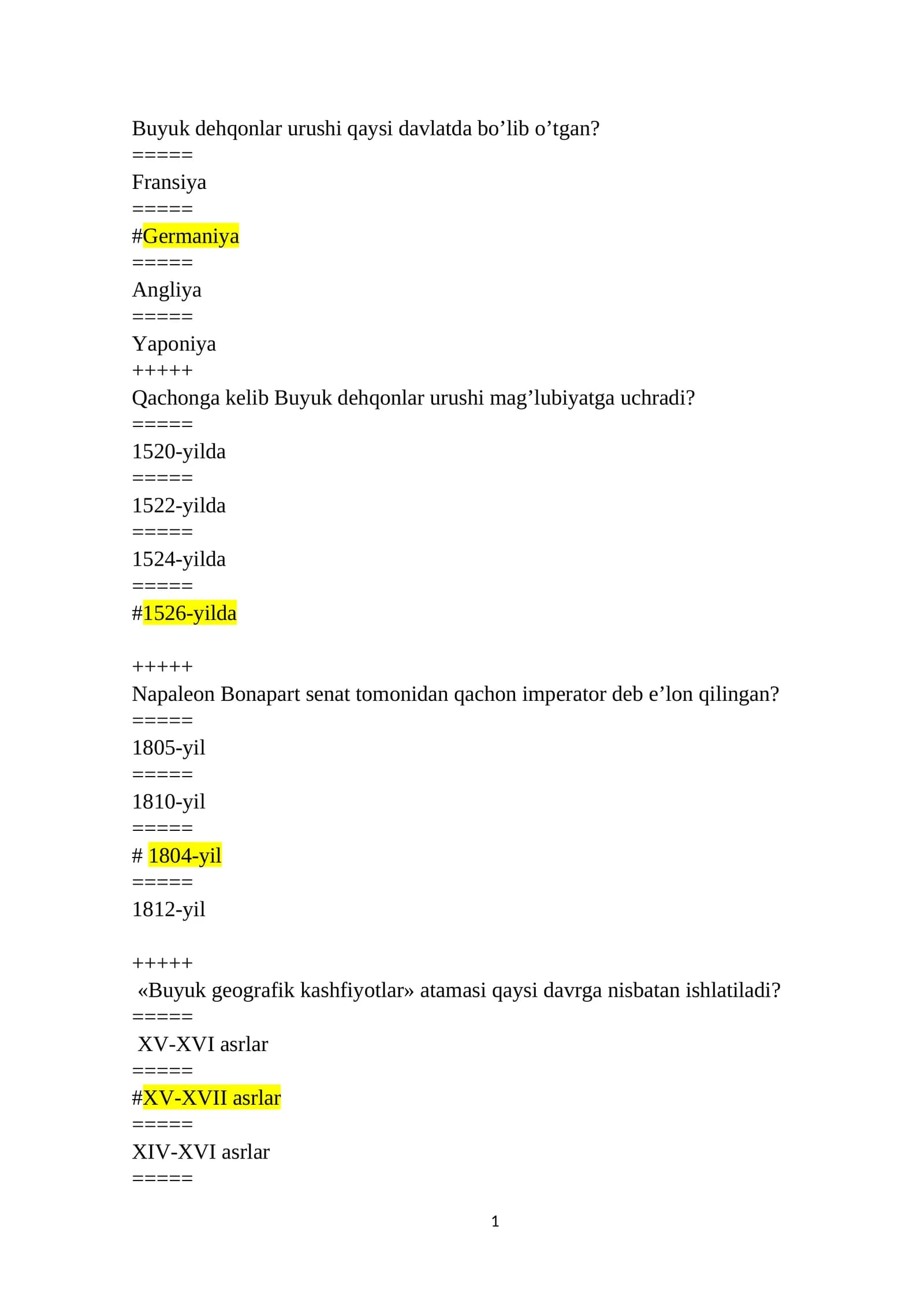 Jahon tarixi test