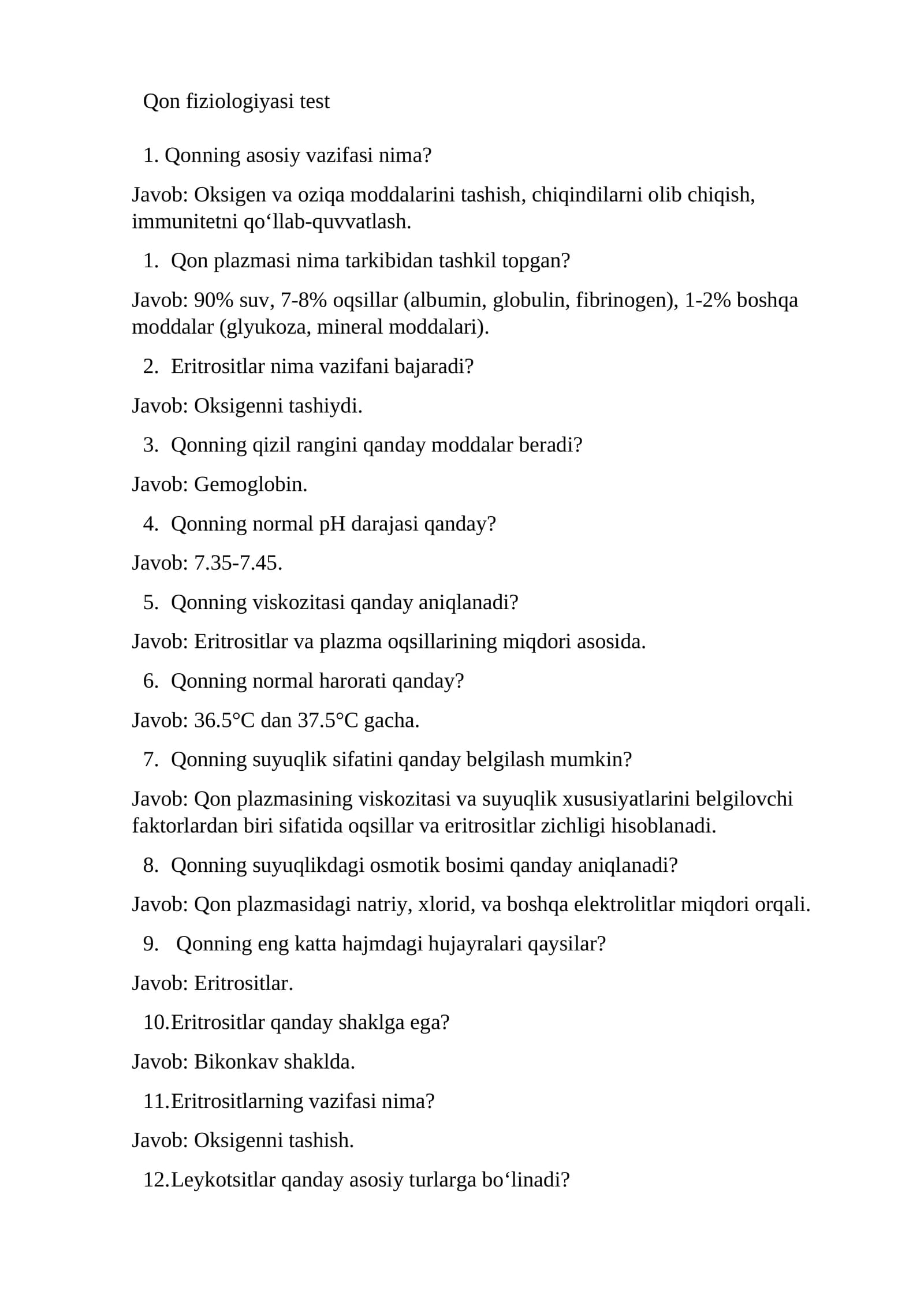 Qon fiziologiyasi test