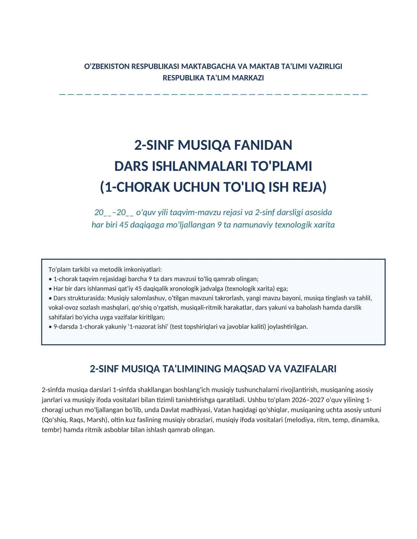 2-sinf Musiqa fanidan 1-chorak Dars ishlanmalari to'plami