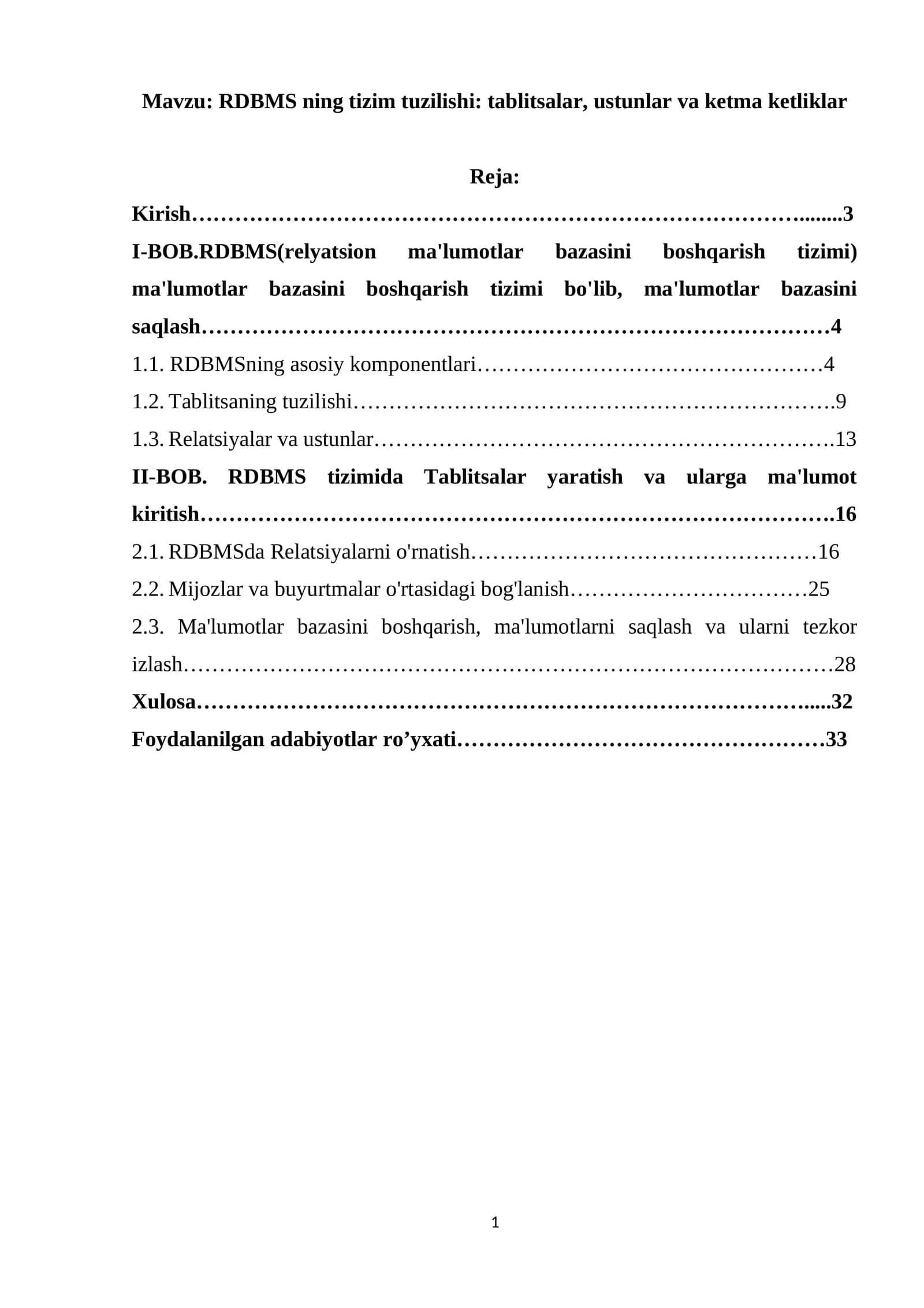 RDBMS ning tizim tuzilishi: tablitsalar, ustunlar va ketma ketliklar