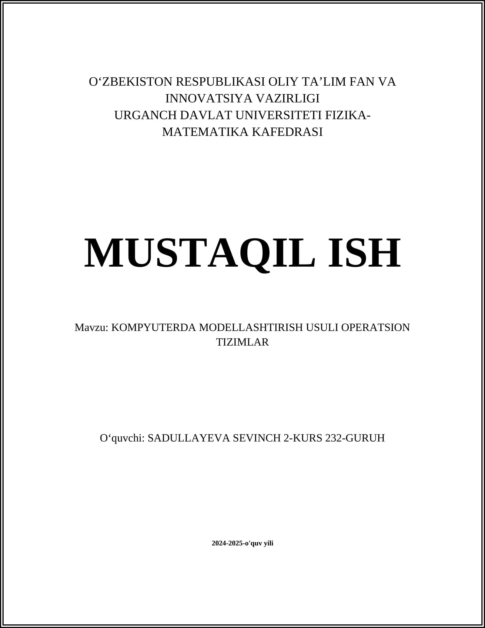 KOMPYUTERDA MODELLASHTIRISH USULI OPERATSION TIZIMLAR
